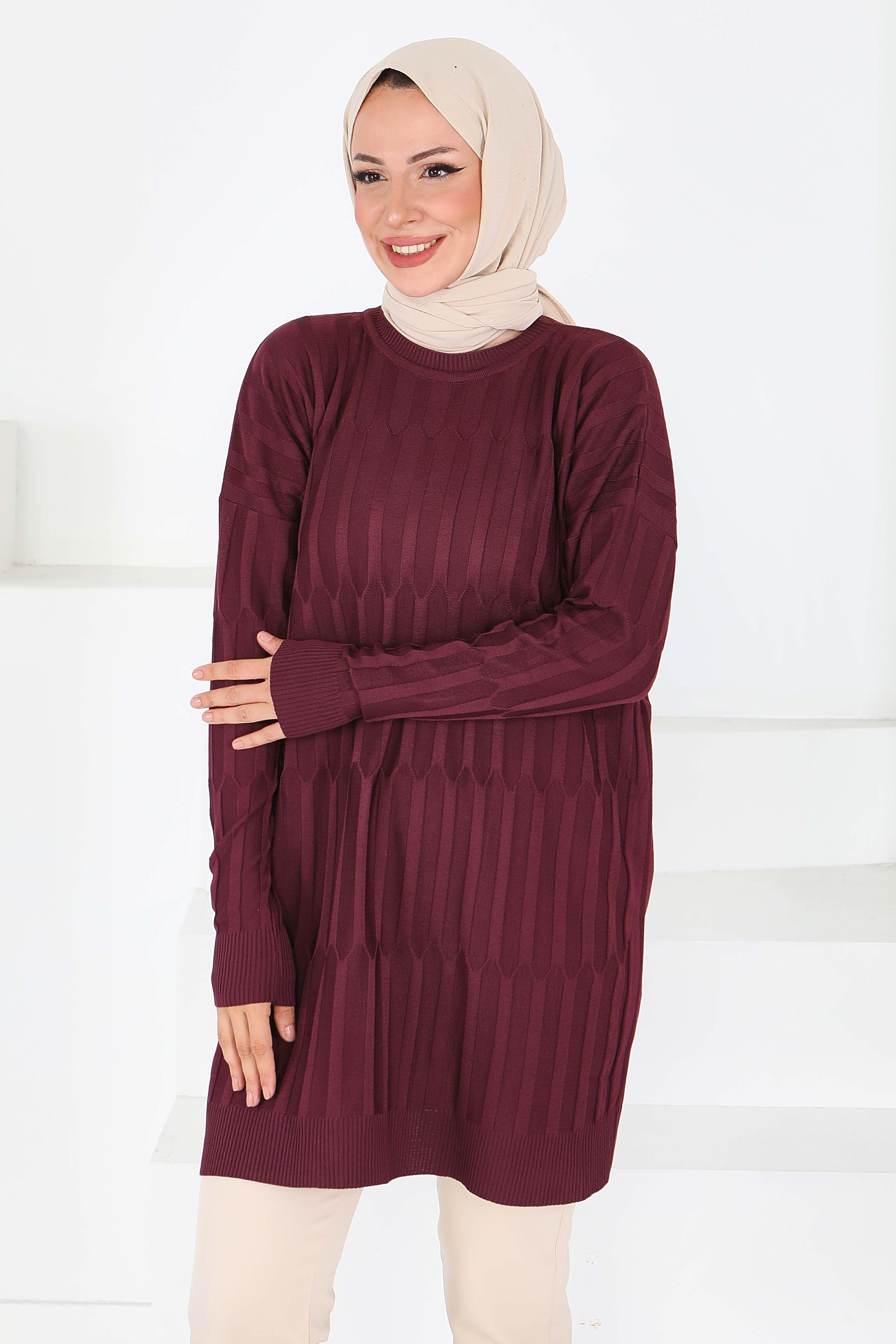 Janjanlı Triko Tunik - 27797-BORDO - 2