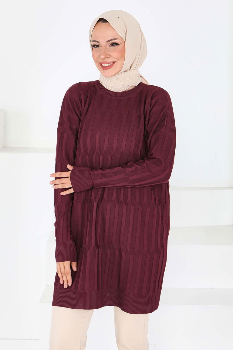 Janjanlı Triko Tunik - 27797-BORDO - TOFİSA