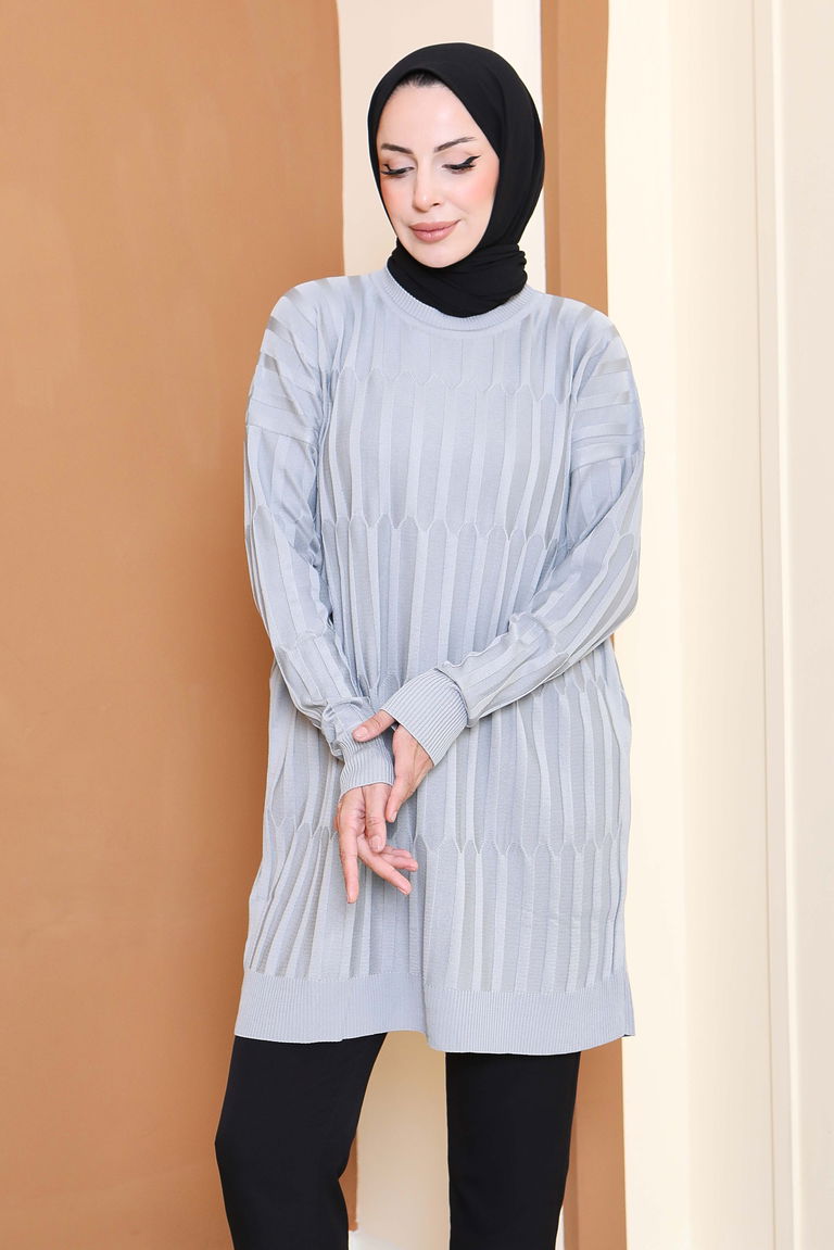 Janjanlı Triko Tunik - 27797-GRI - TOFİSA
