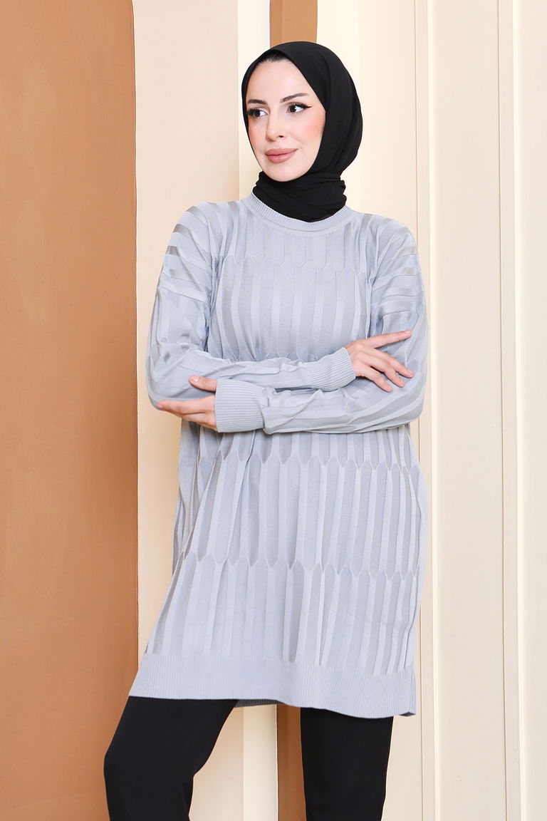 Janjanlı Triko Tunik - 27797-GRI - TOFİSA