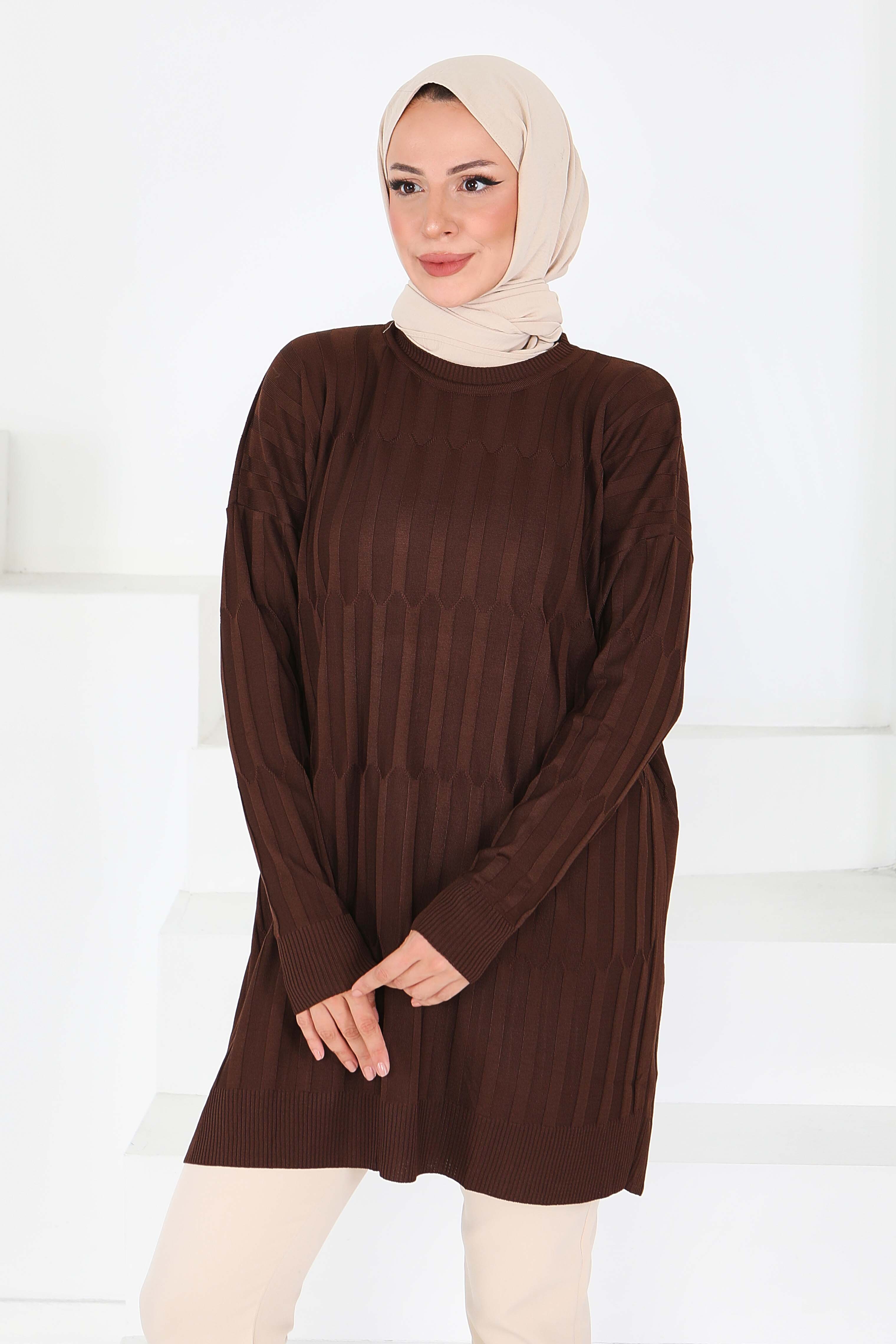 Janjanlı Triko Tunik - 27797-KAHVE - 1