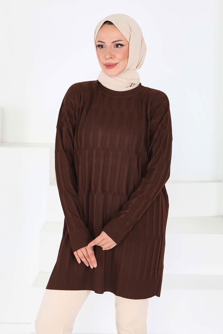 Janjanlı Triko Tunik - 27797-KAHVE - TOFİSA