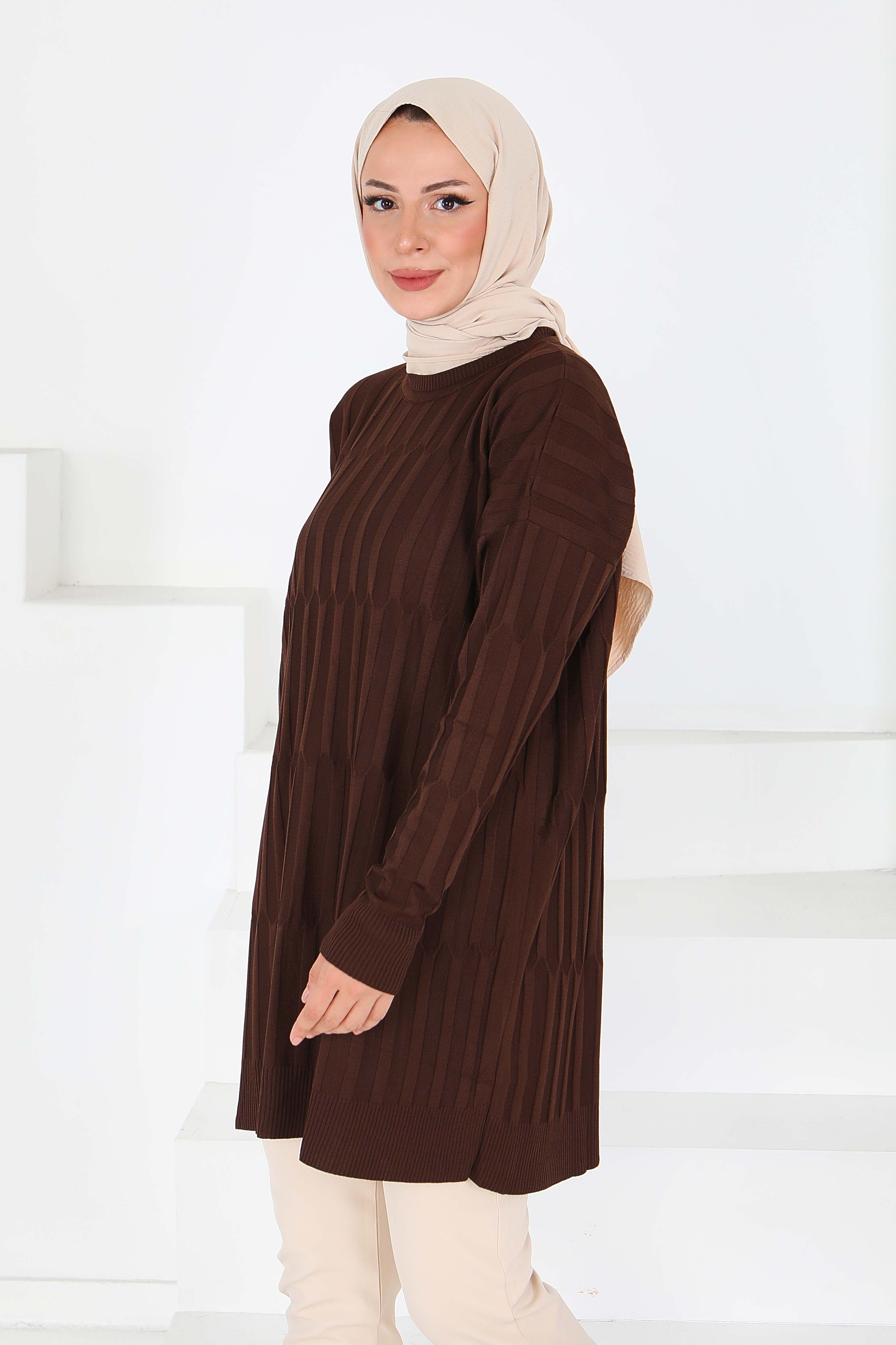 Janjanlı Triko Tunik - 27797-KAHVE - 3