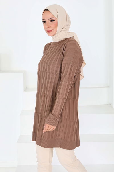 Janjanlı Triko Tunik - 27797-KOYU-VIZON 