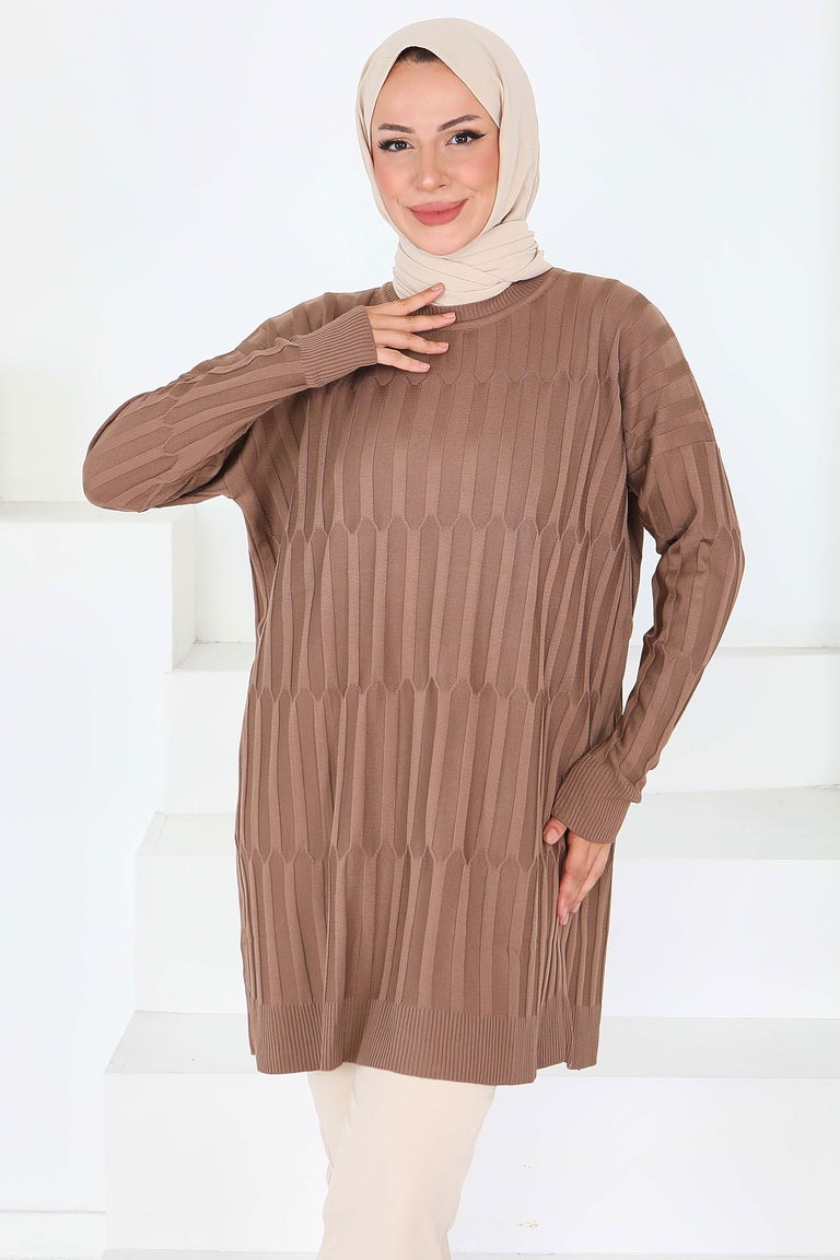 Janjanlı Triko Tunik - 27797-KOYU-VIZON - TOFİSA