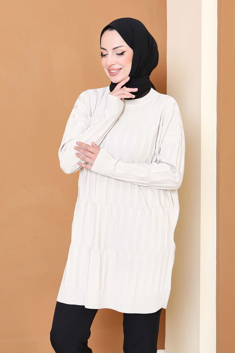 Janjanlı Triko Tunik - 27797-KREM - TOFİSA