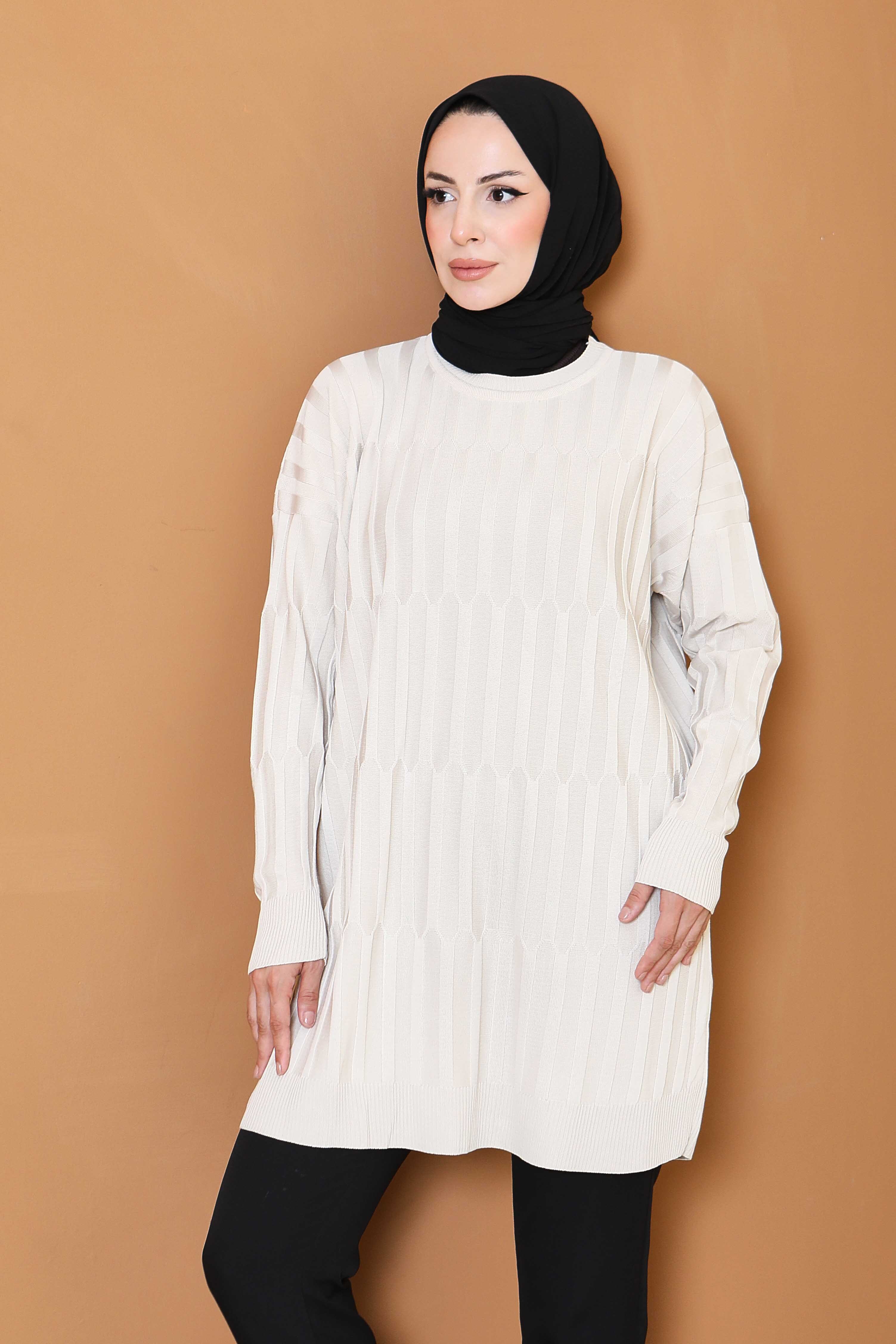 Janjanlı Triko Tunik - 27797-KREM - 2