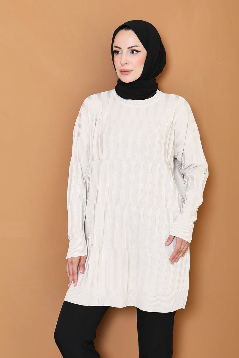 Janjanlı Triko Tunik - 27797-KREM - TOFİSA