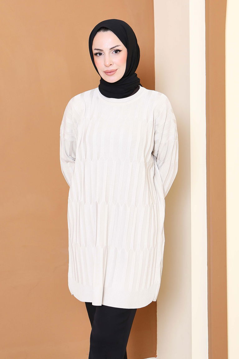 Janjanlı Triko Tunik - 27797-KREM - TOFİSA