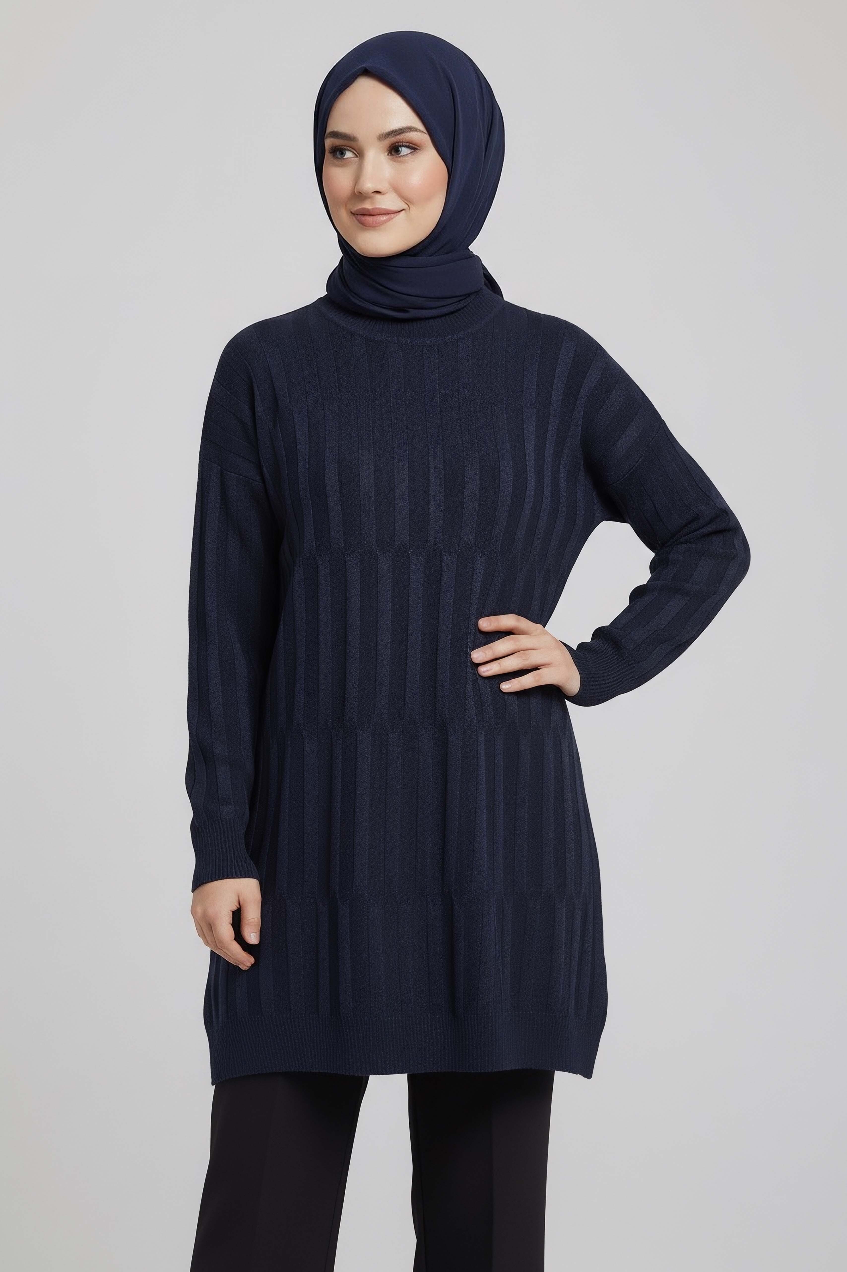 Janjanlı Triko Tunik - 27797-LACIVERT - 1