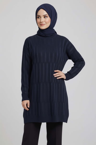 Janjanlı Triko Tunik - 27797-LACIVERT 