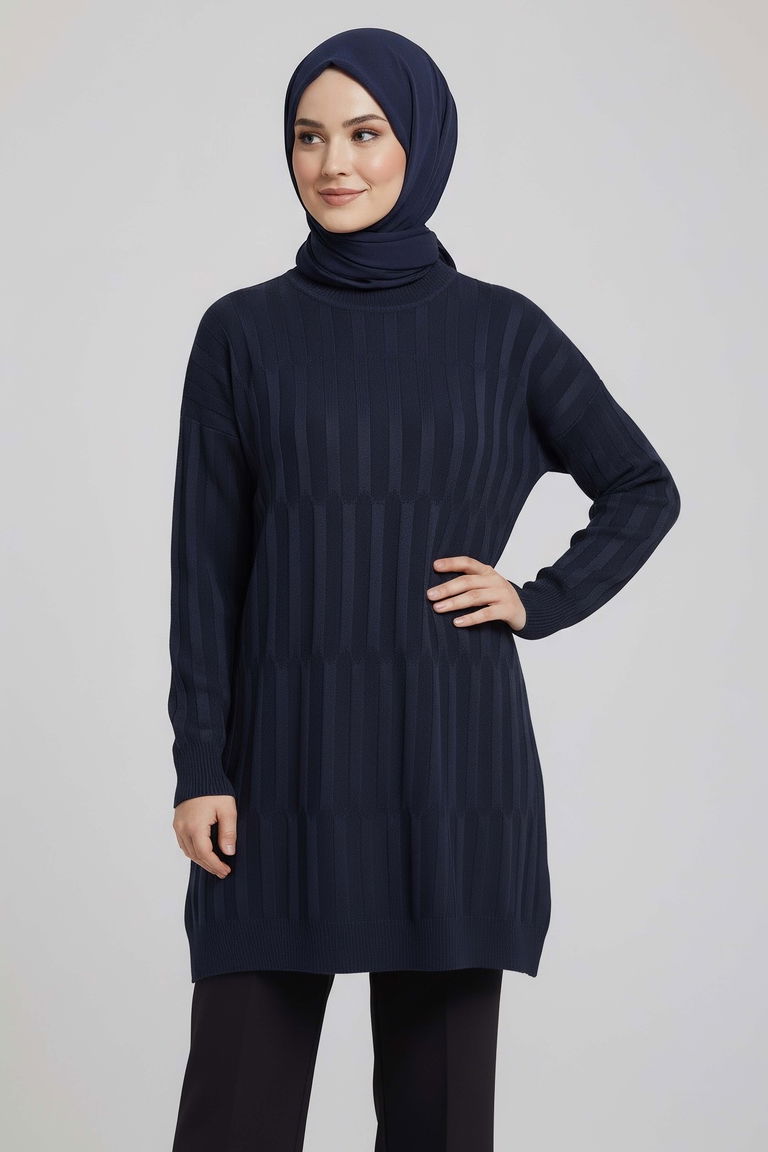 Janjanlı Triko Tunik - 27797-LACIVERT - TOFİSA