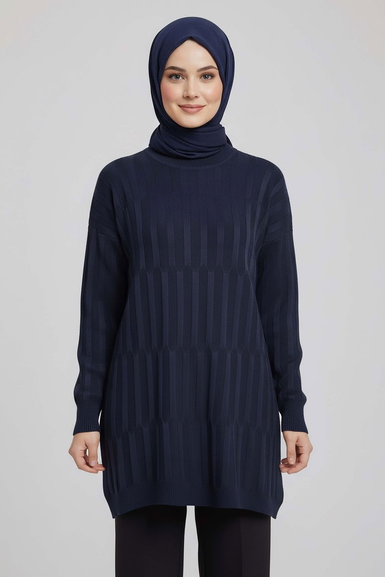 Janjanlı Triko Tunik - 27797-LACIVERT - TOFİSA