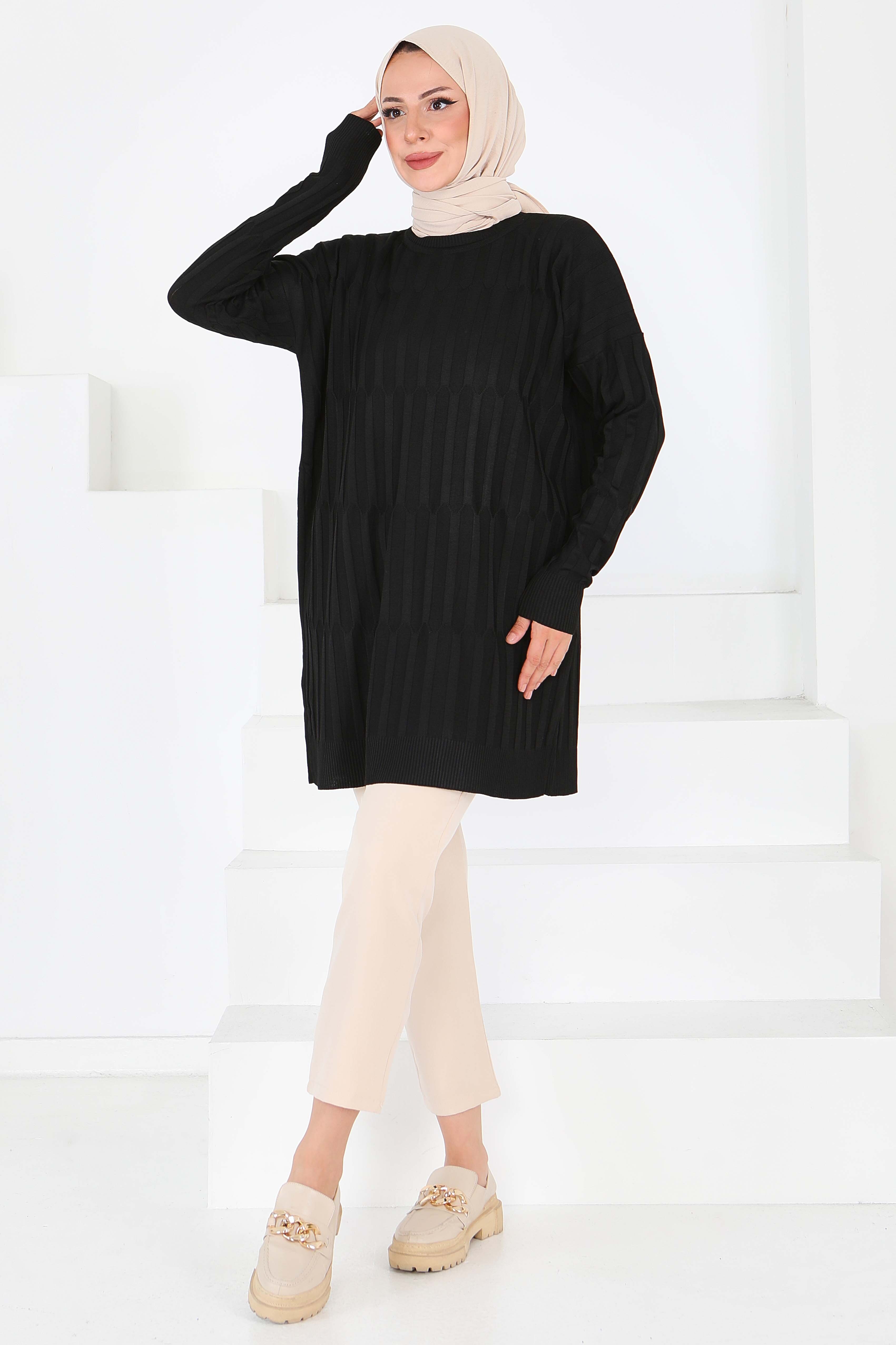 Janjanlı Triko Tunik - 27797-SIYAH - 1