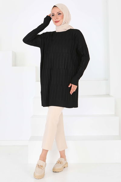 Janjanlı Triko Tunik - 27797-SIYAH 