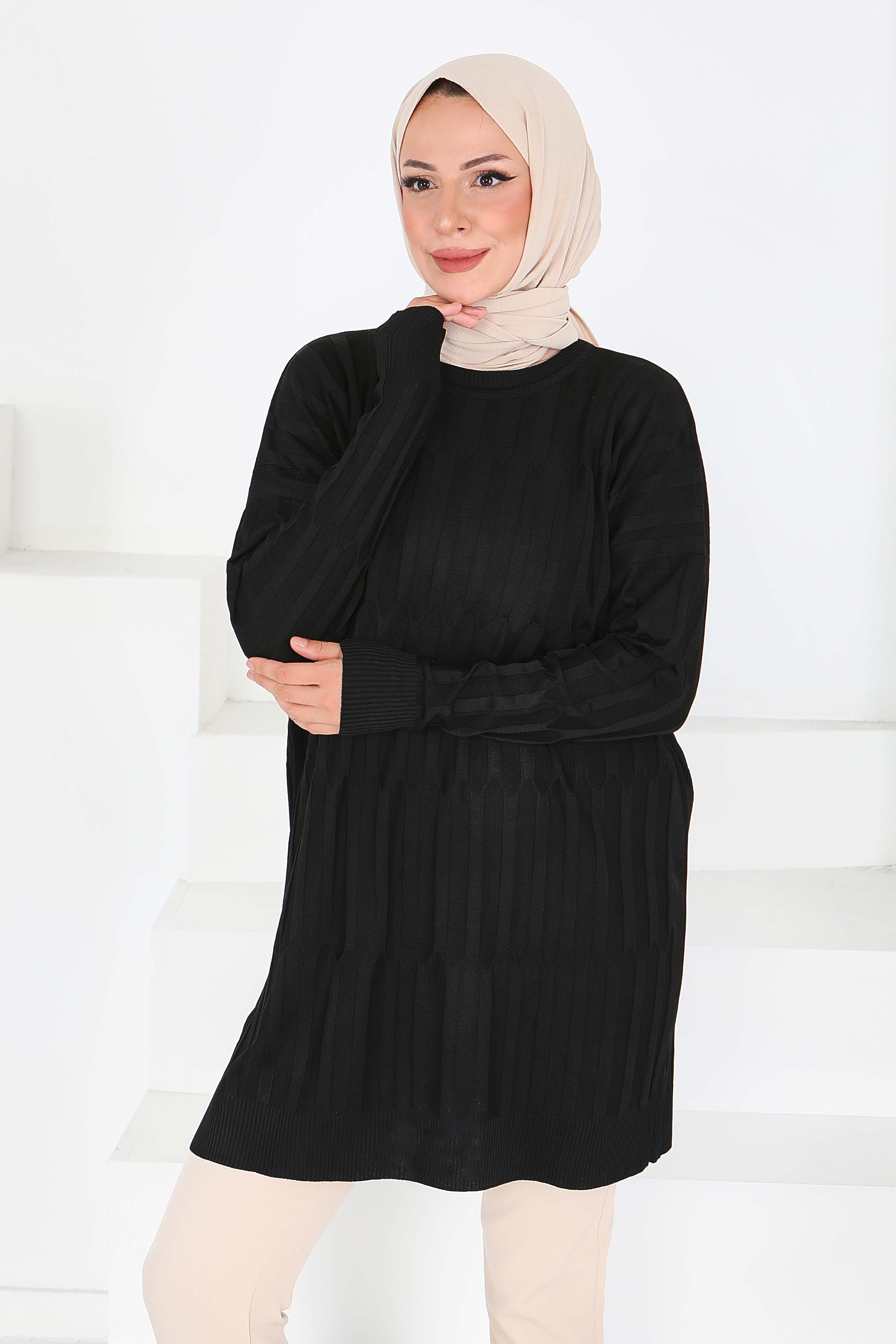 Janjanlı Triko Tunik - 27797-SIYAH - 2