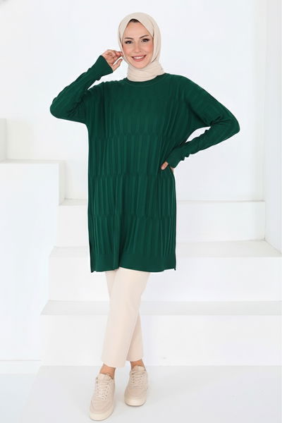 Janjanlı Triko Tunik - 27797-ZUMRUT 