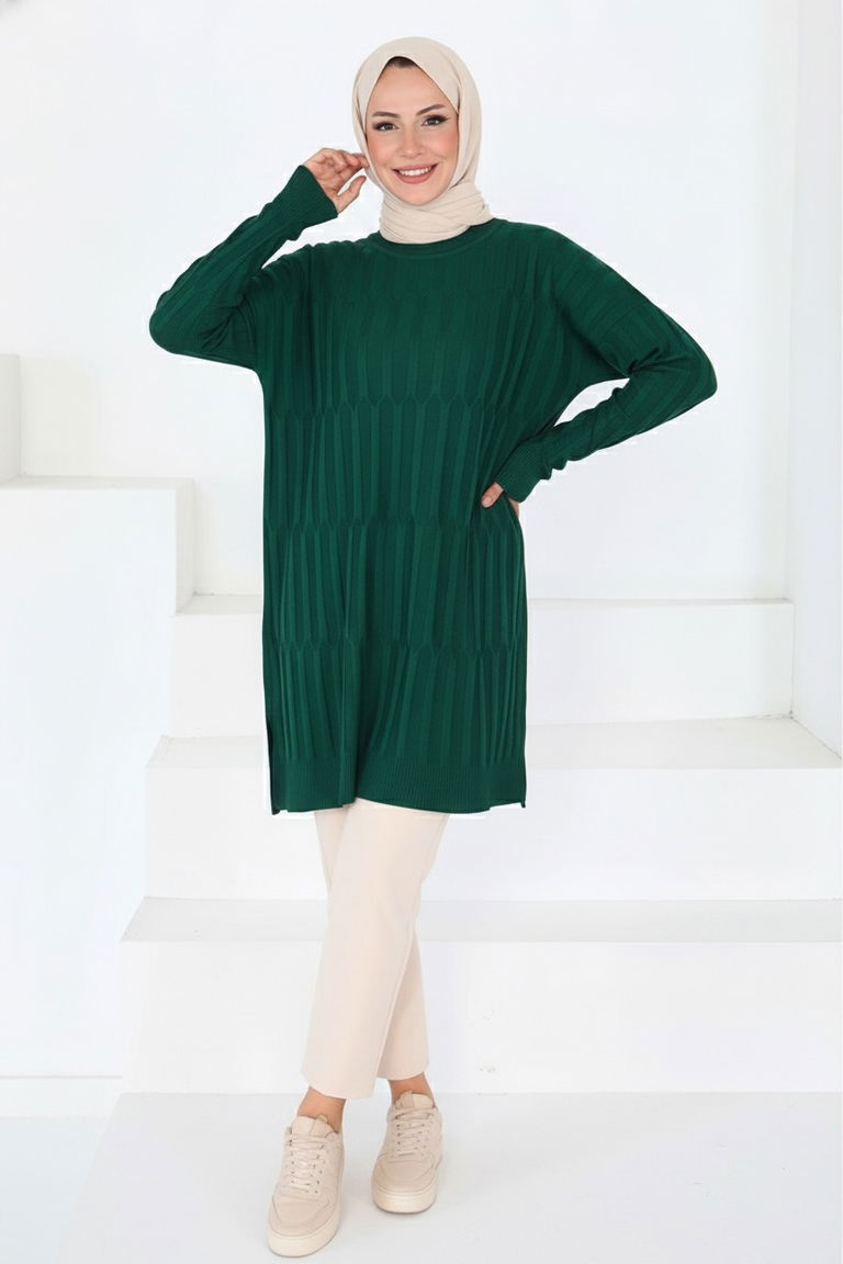 Janjanlı Triko Tunik - 27797-ZUMRUT - TOFİSA