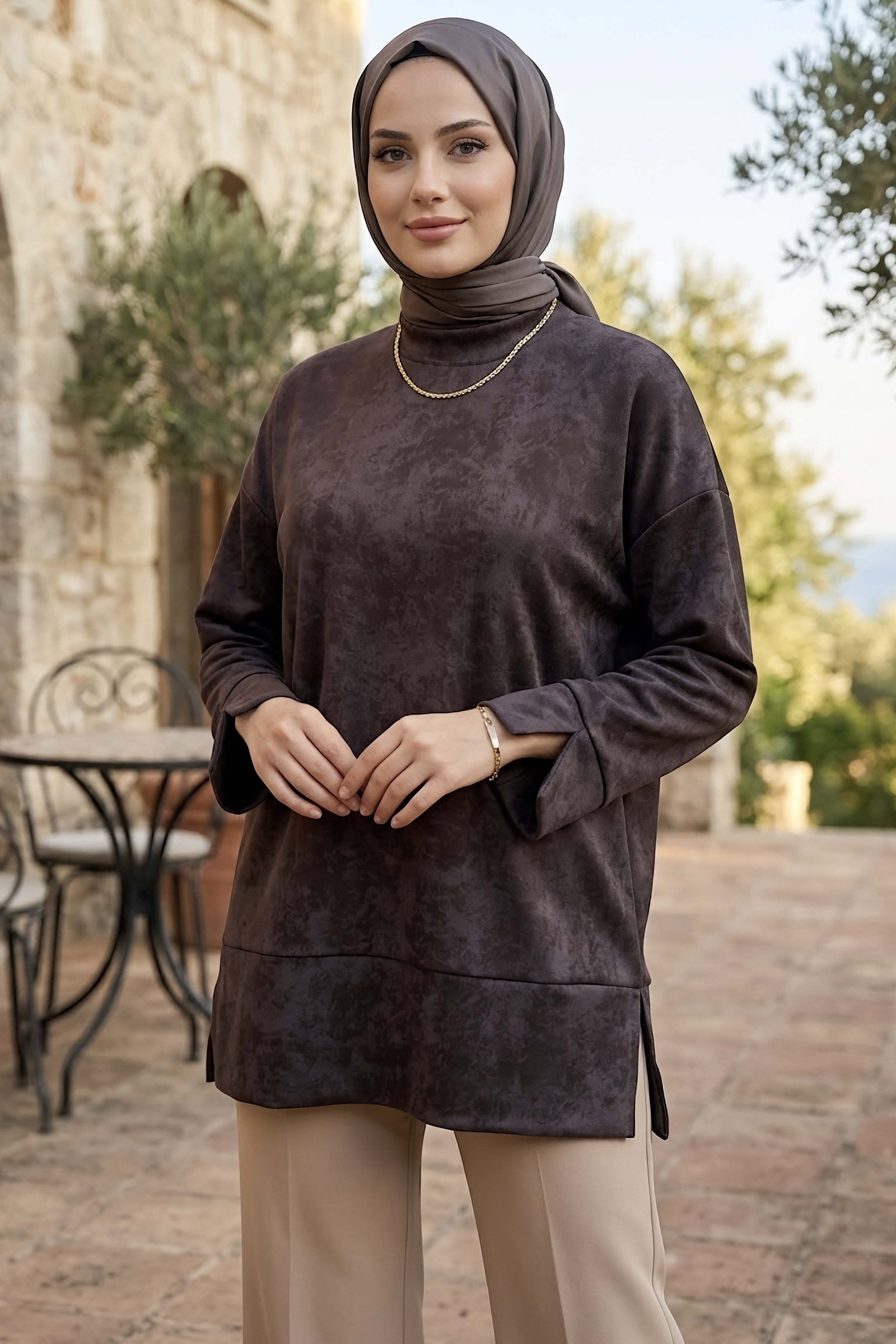 Janjanlı Yırtmaçlı Tunik Kahve - 29097-KAHVE - 1