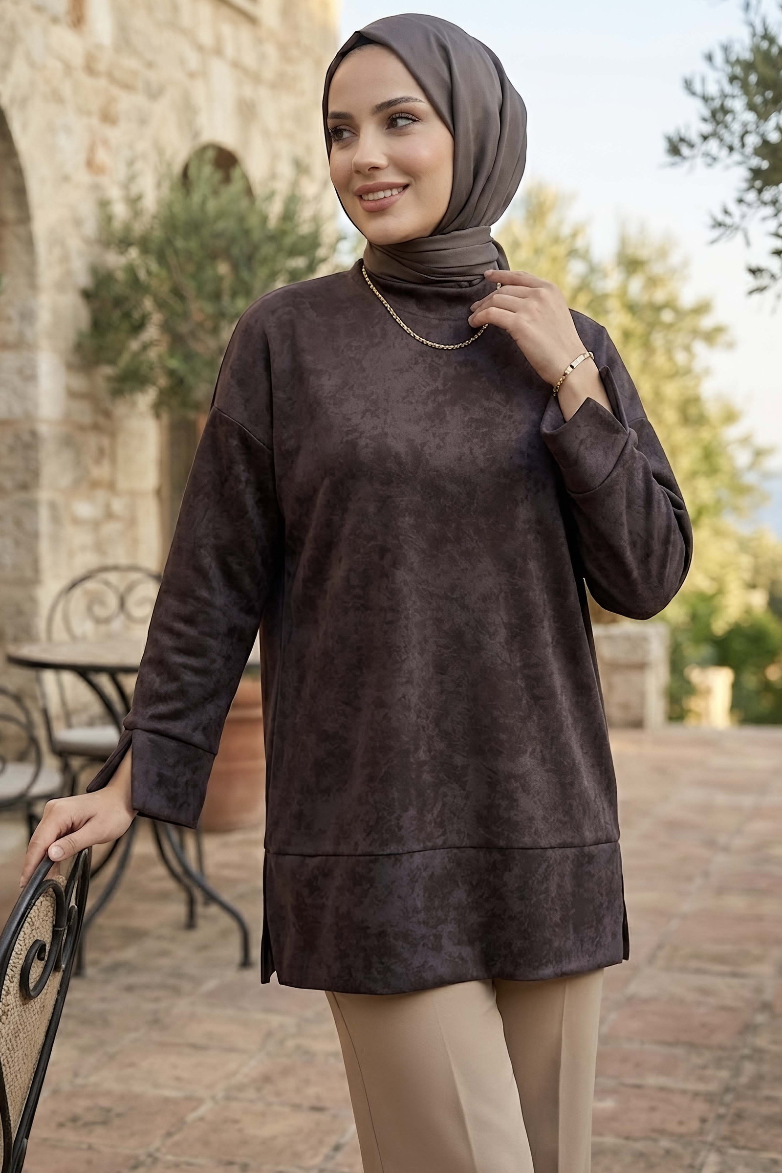 Janjanlı Yırtmaçlı Tunik Kahve - 29097-KAHVE - 2