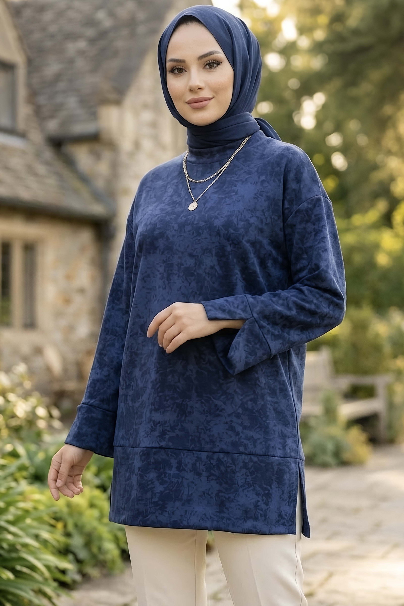 Janjanlı Yırtmaçlı Tunik Lacivert - 29097-LACIVERT - 1