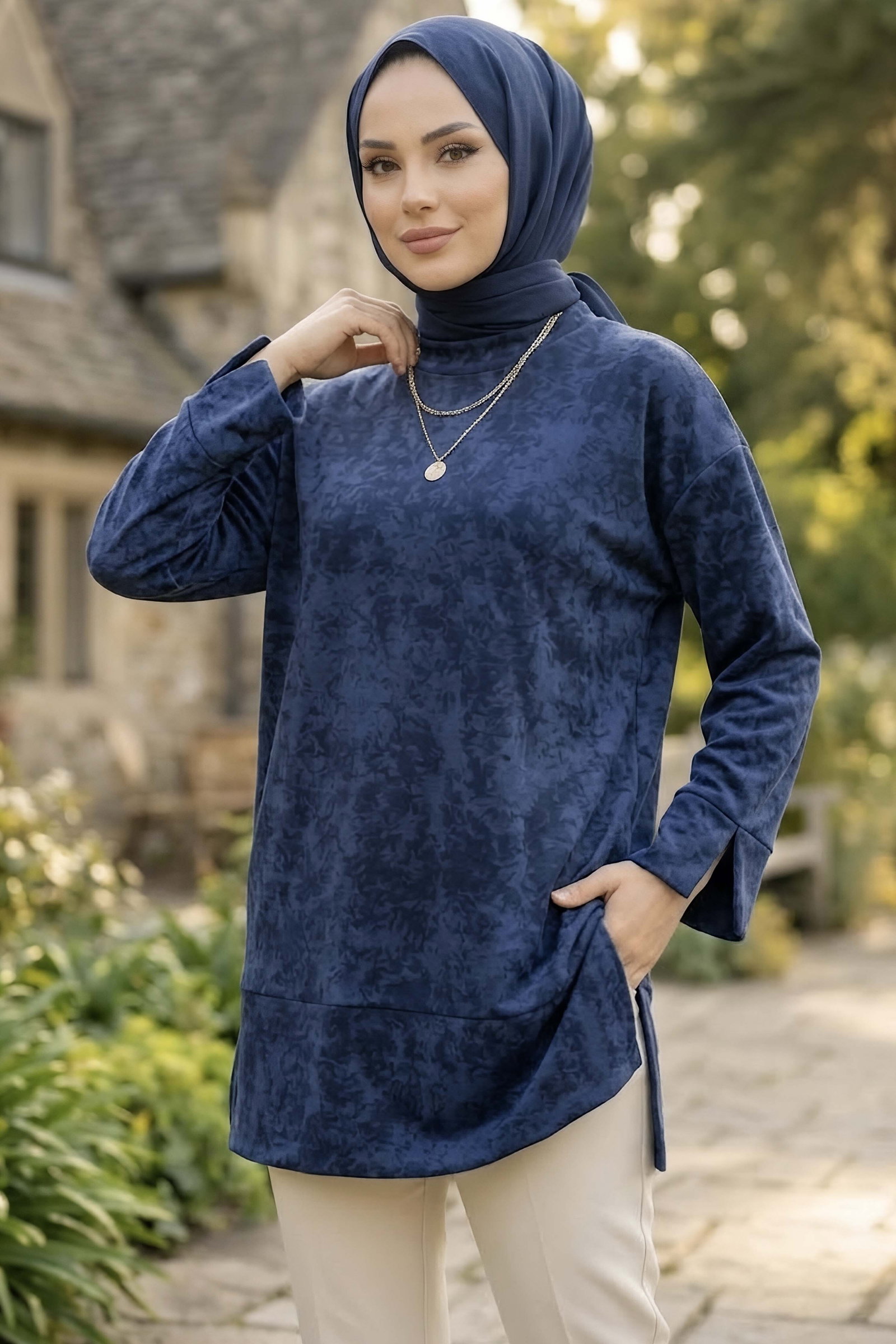 Janjanlı Yırtmaçlı Tunik Lacivert - 29097-LACIVERT - 2
