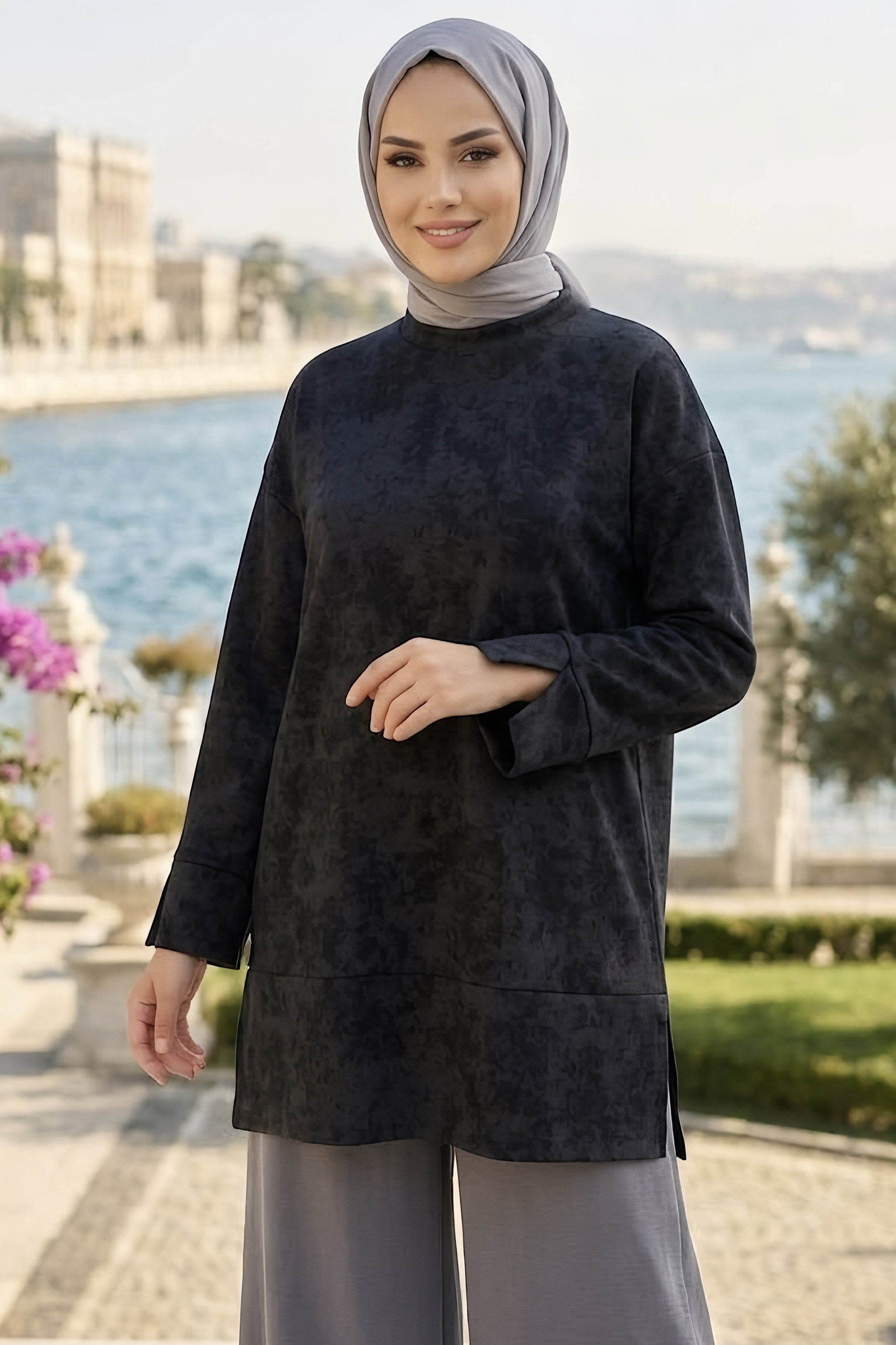 Janjanlı Yırtmaçlı Tunik Siyah - 29097-SIYAH - 1