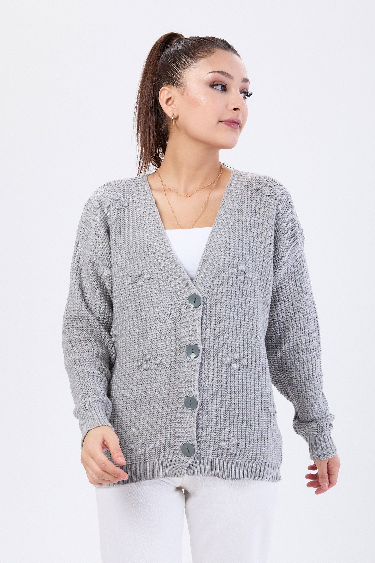 Kabarcıklı Düğmeli Triko Hırka - 27658 - 2