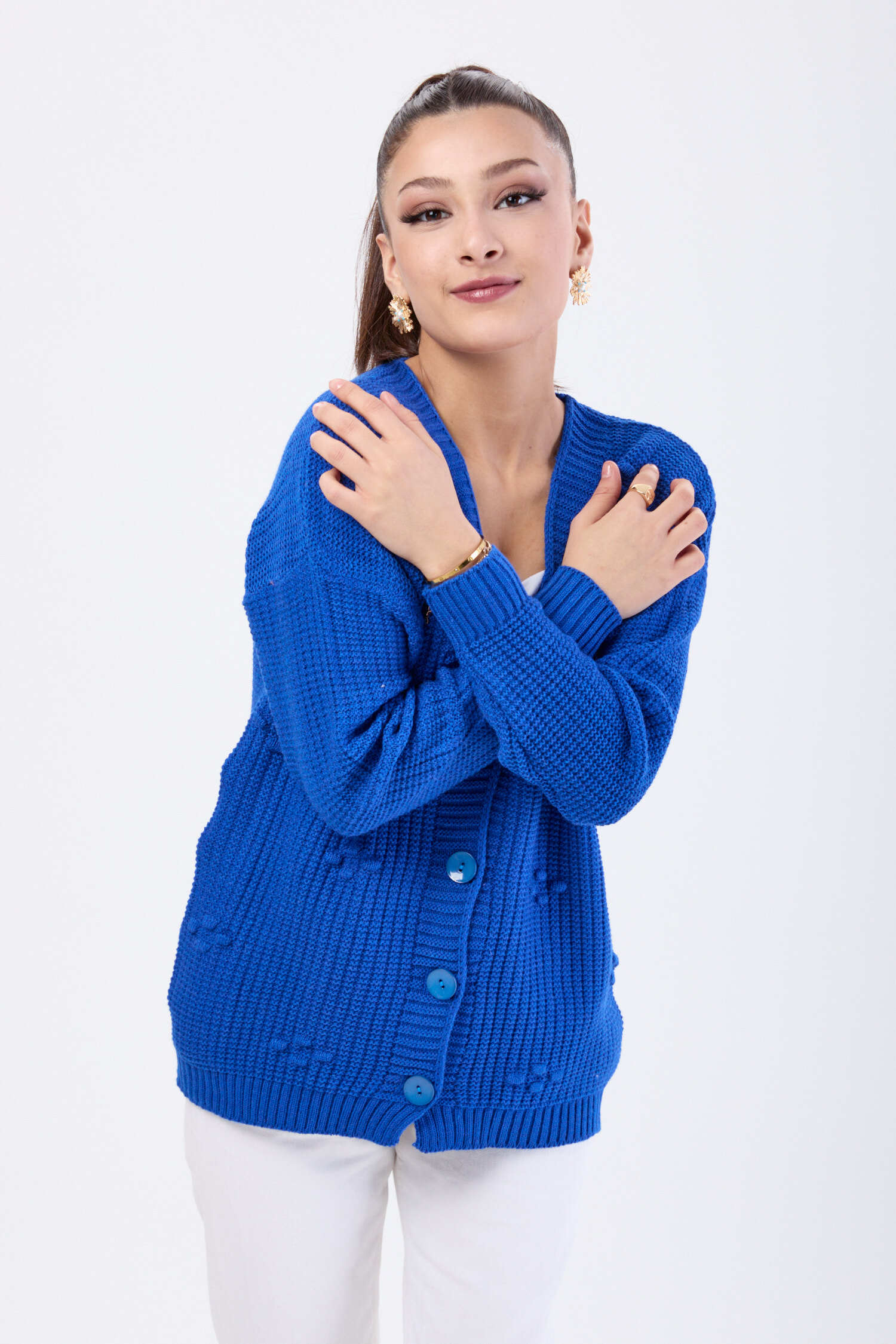 Kabarcıklı Düğmeli Triko Hırka - 27658 - 2