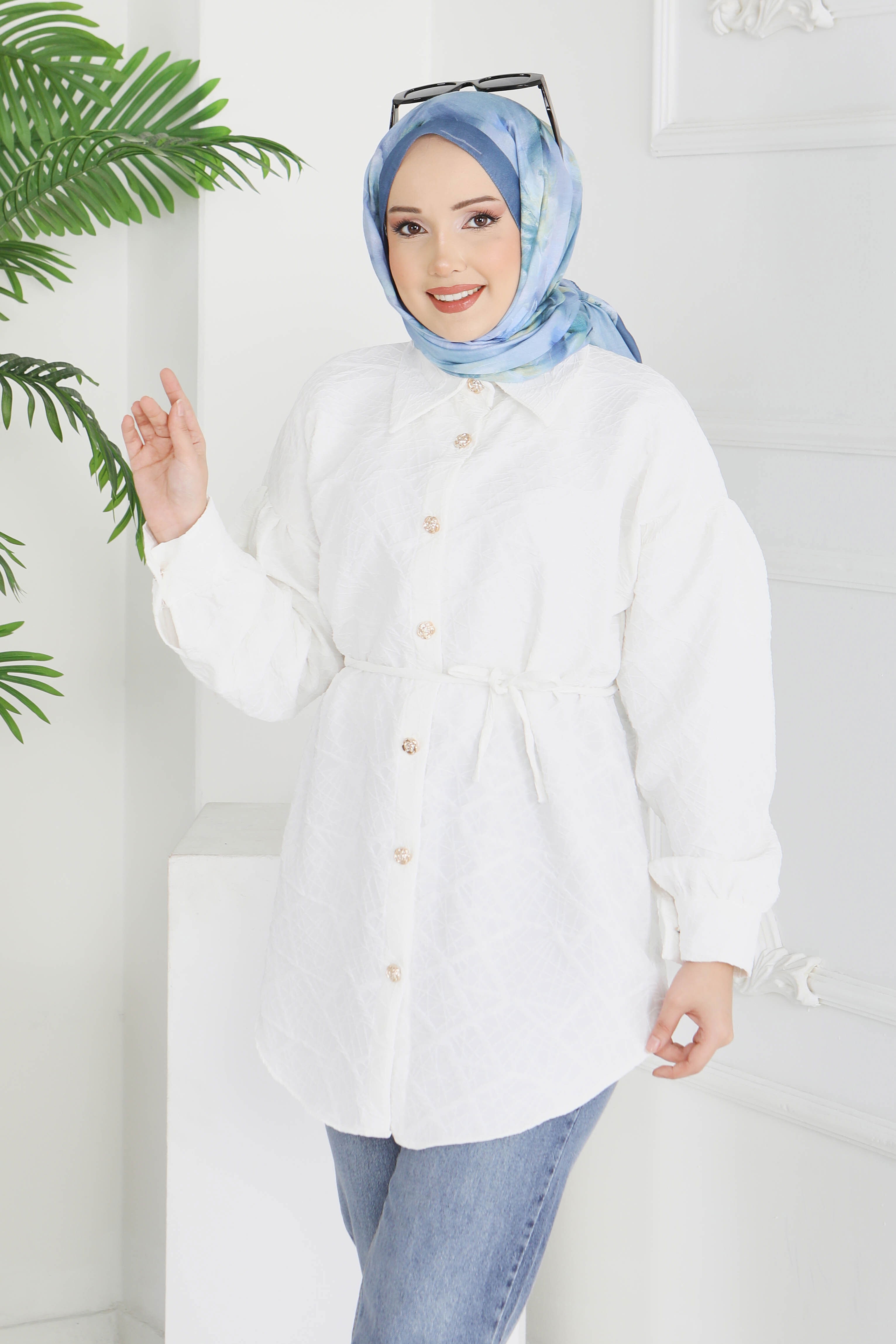 Kabartma Detaylı Düğmeli Tunikq - 28205-BEYAZ - 1