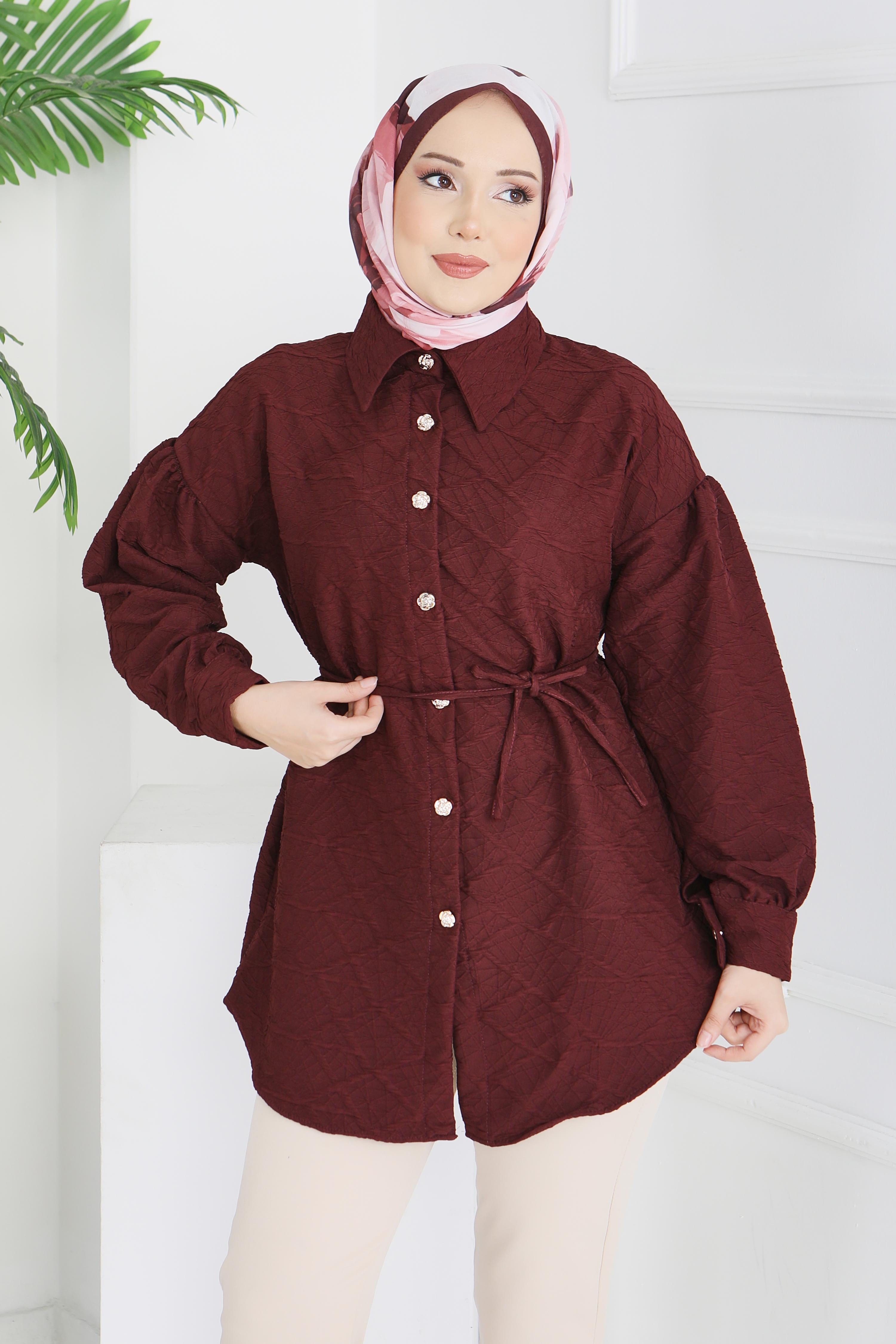 Kabartma Detaylı Düğmeli Tunikq - 28205-BORDO - 2