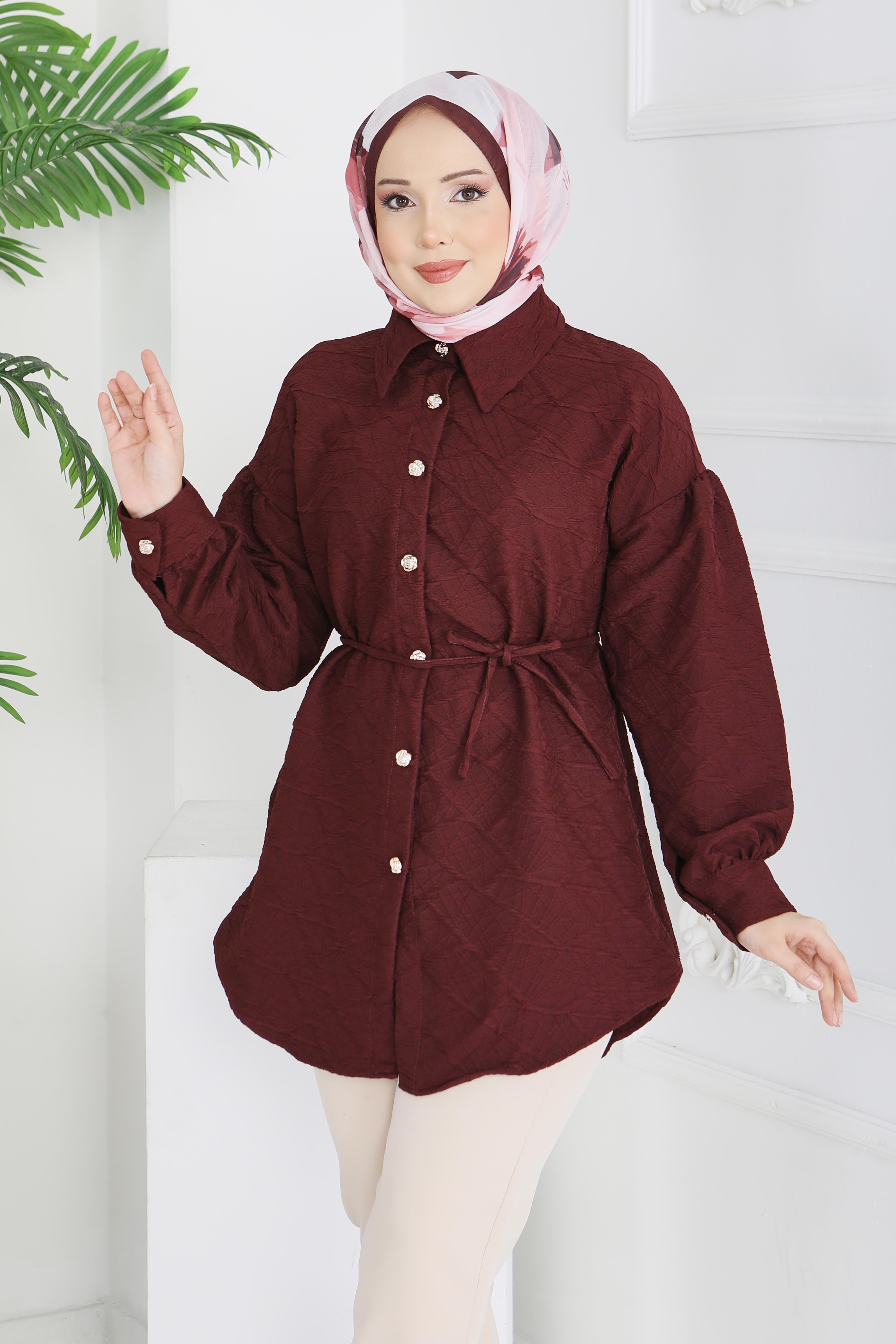 Kabartma Detaylı Düğmeli Tunikq - 28205-BORDO - 3