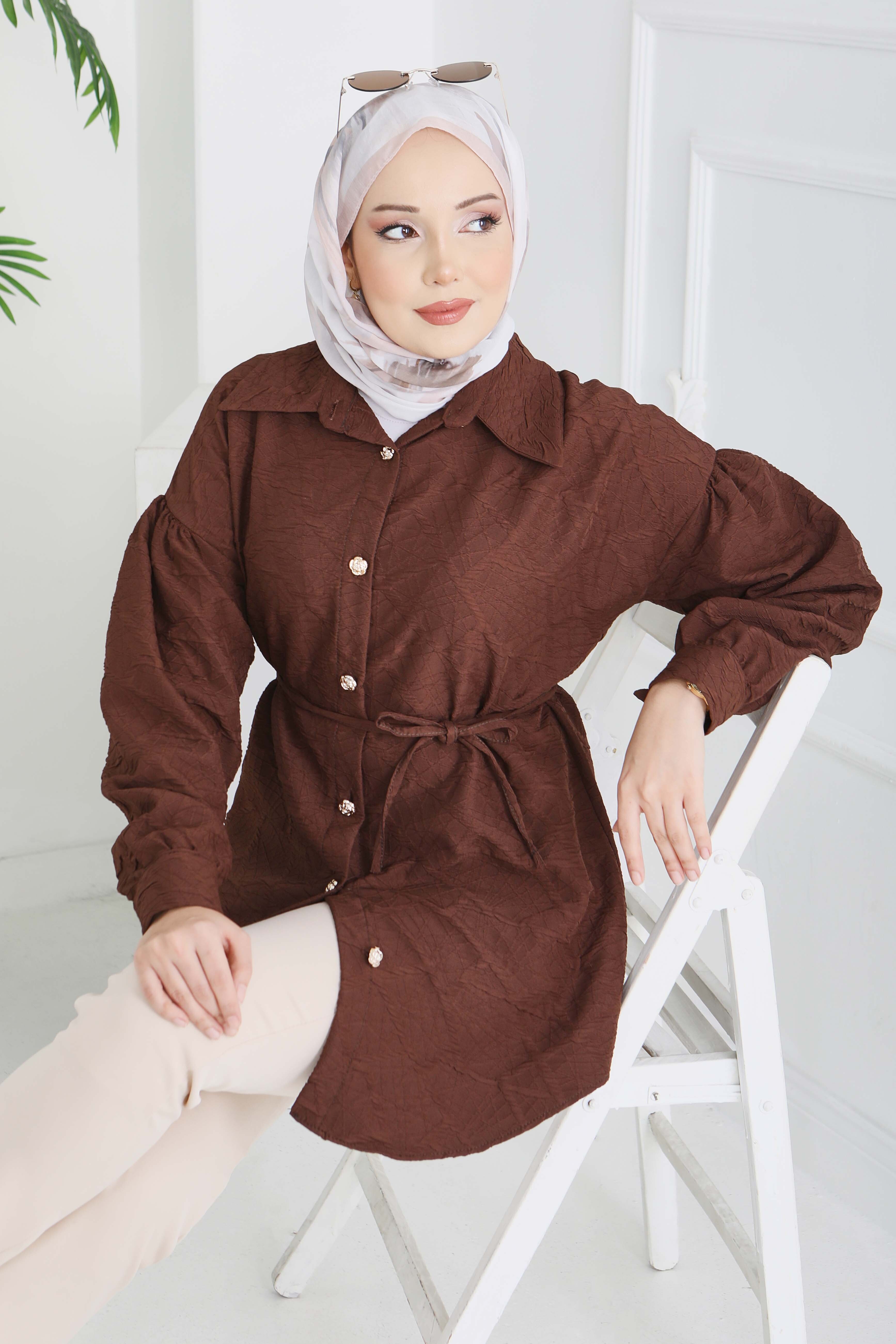 Kabartma Detaylı Düğmeli Tunikq - 28205-KAHVE - 1