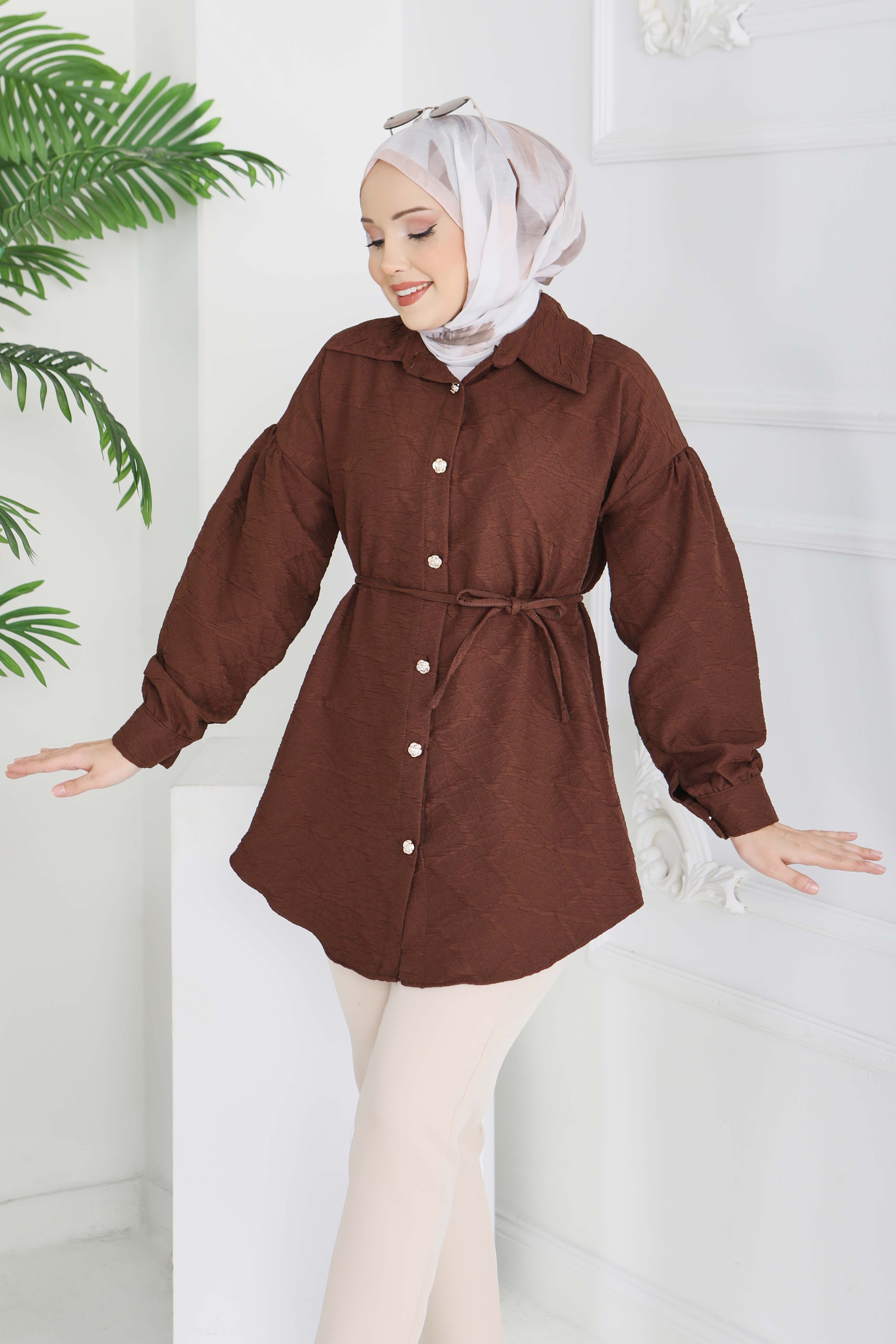 Kabartma Detaylı Düğmeli Tunikq - 28205-KAHVE - 2