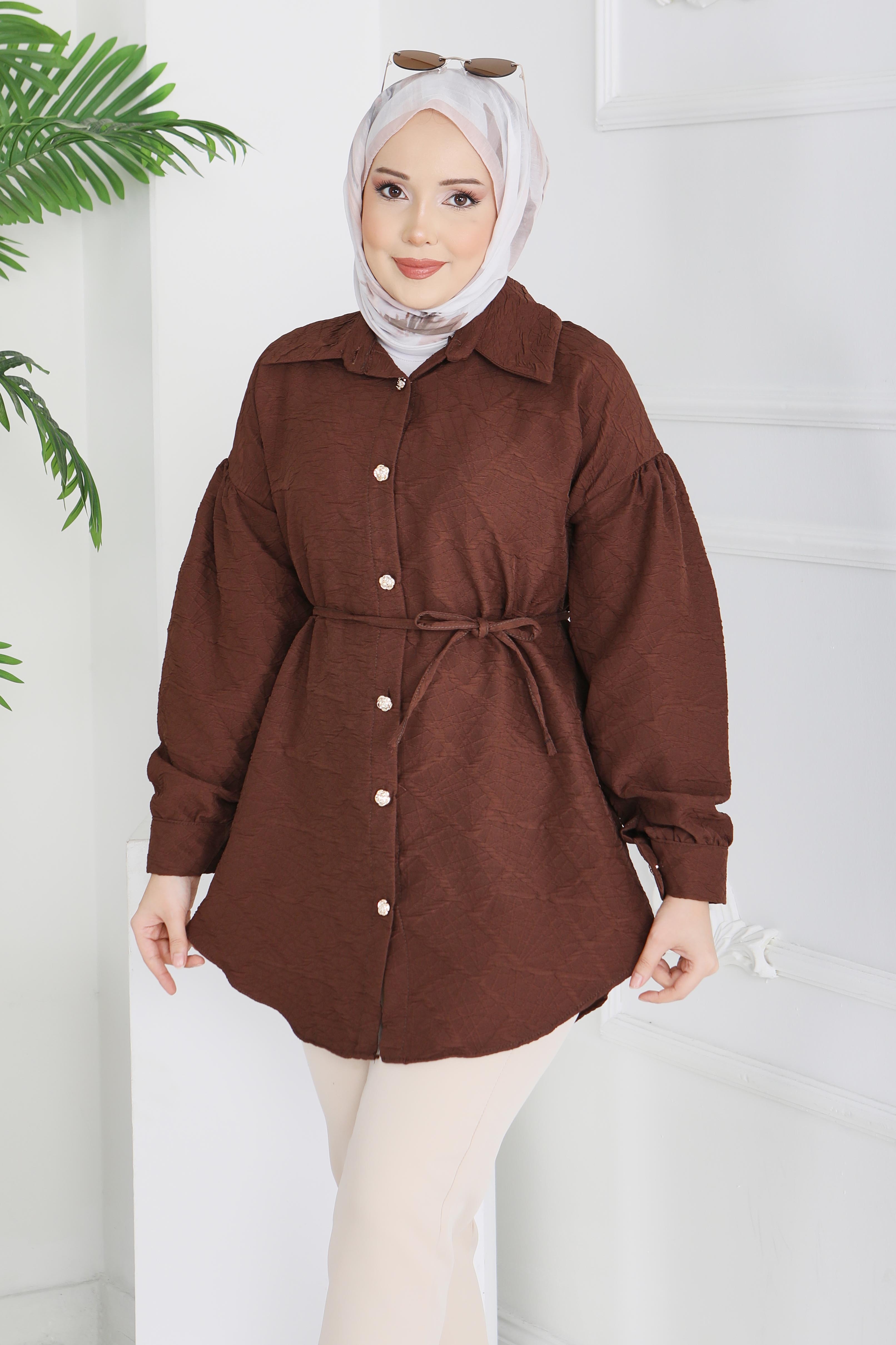 Kabartma Detaylı Düğmeli Tunikq - 28205-KAHVE - 4