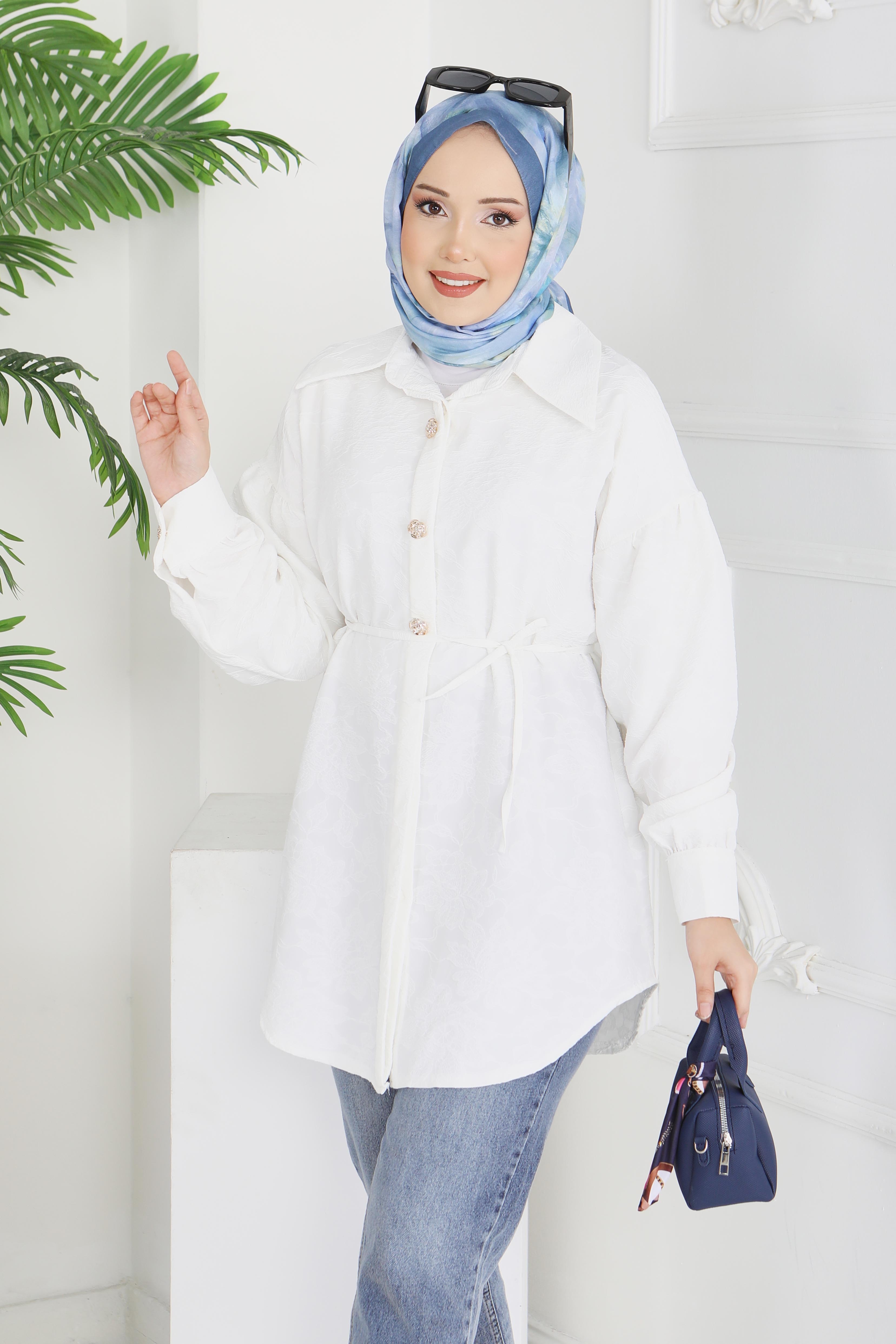 Kabartma Detaylı Düğmeli Tunikq - 28206-BEYAZ - 1