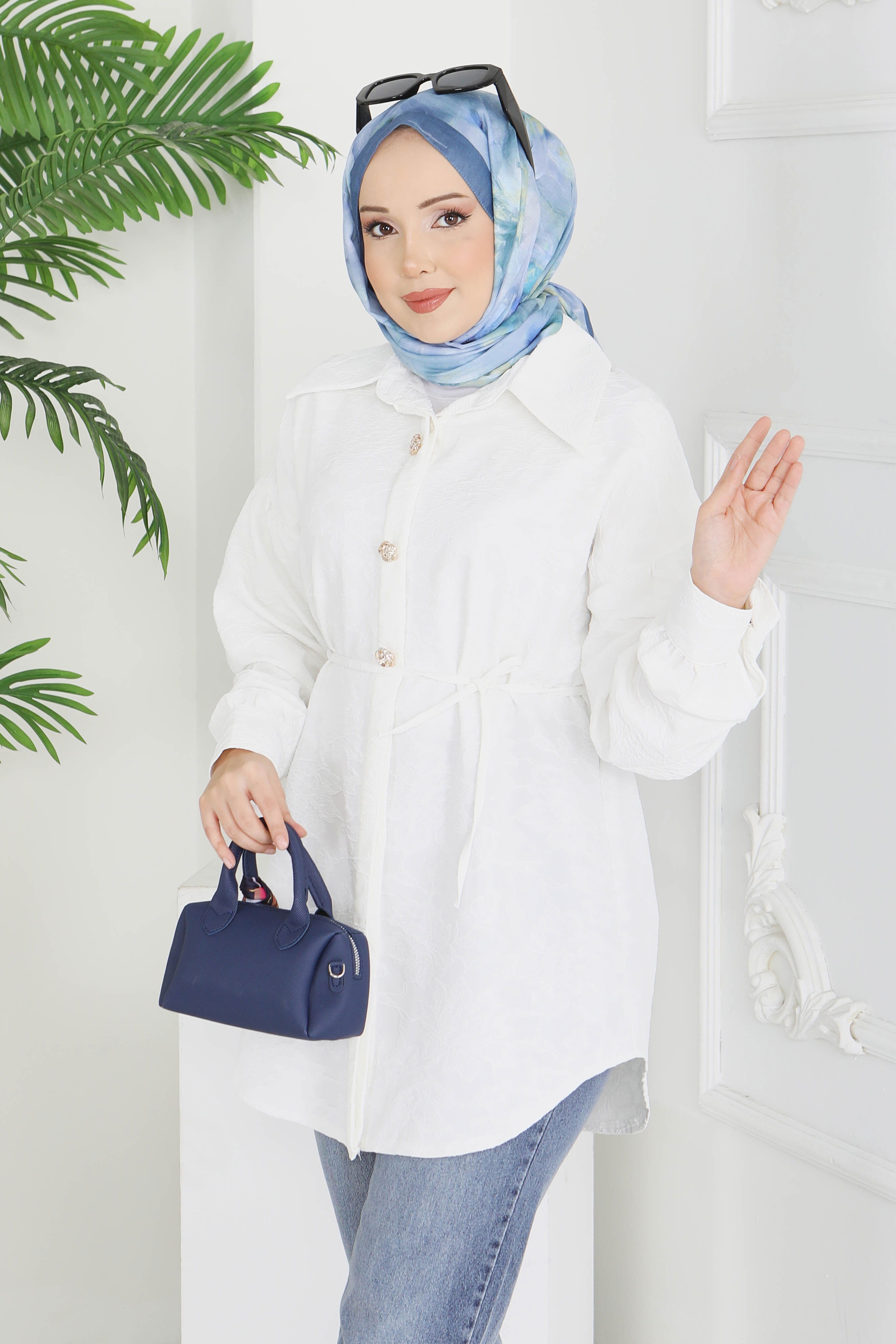 Kabartma Detaylı Düğmeli Tunikq - 28206-BEYAZ - 3