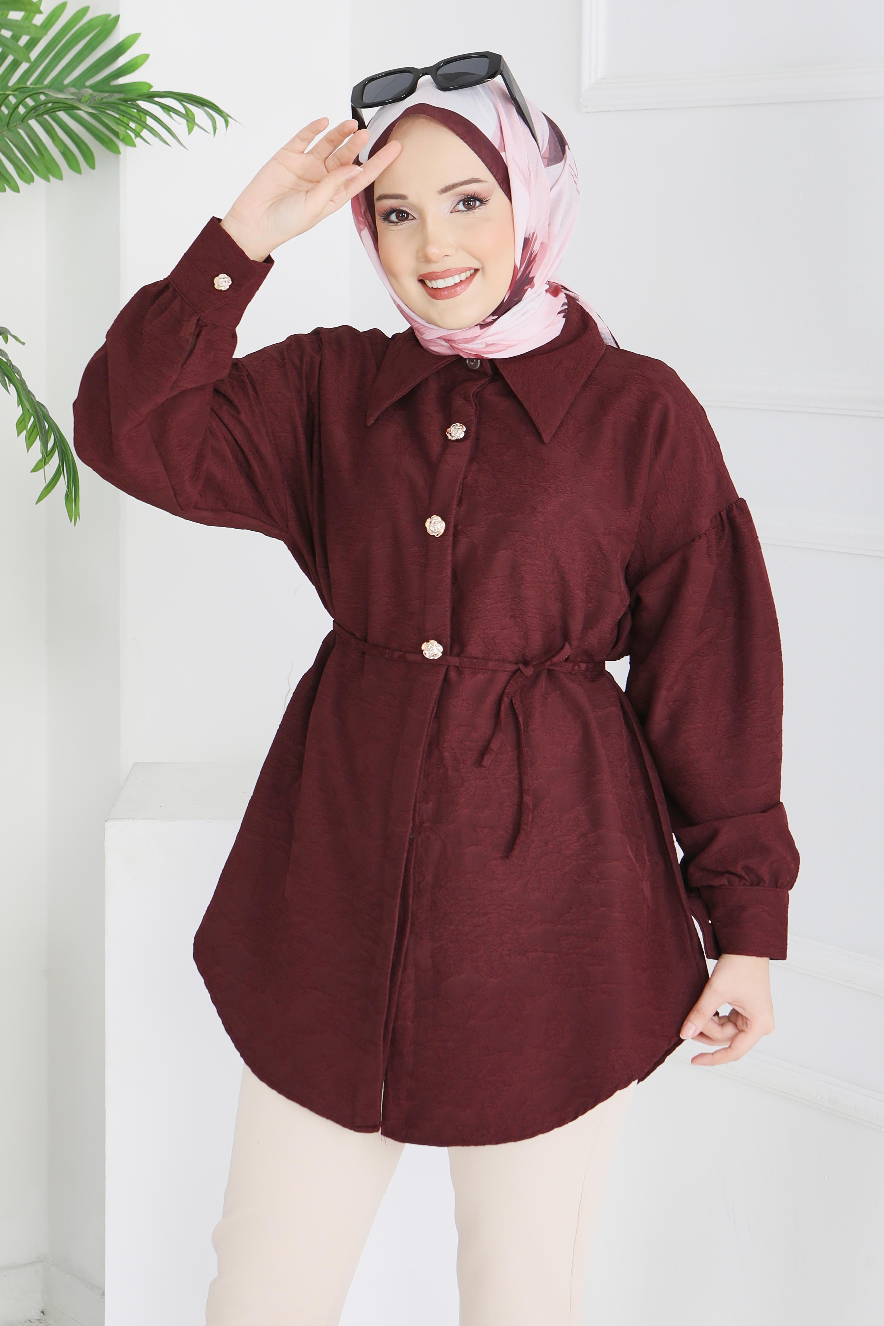 Kabartma Detaylı Düğmeli Tunikq - 28206-BORDO - 1