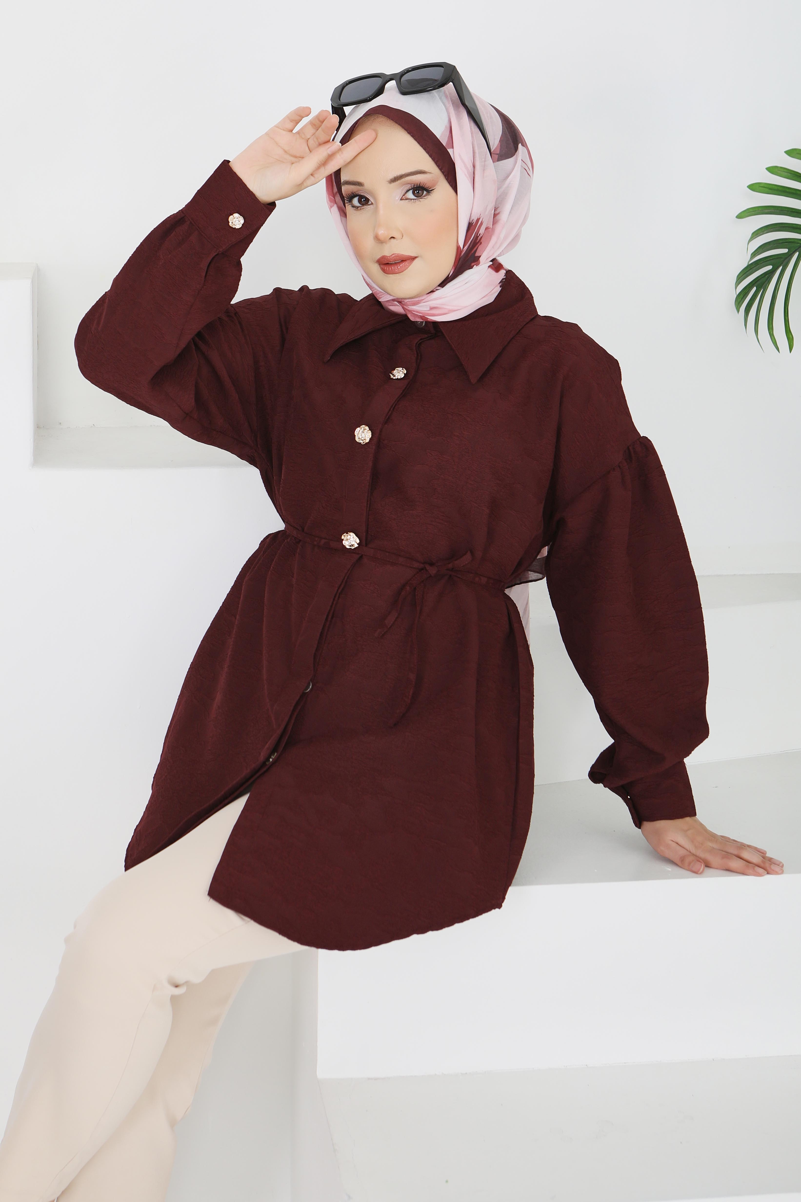 Kabartma Detaylı Düğmeli Tunikq - 28206-BORDO - 2
