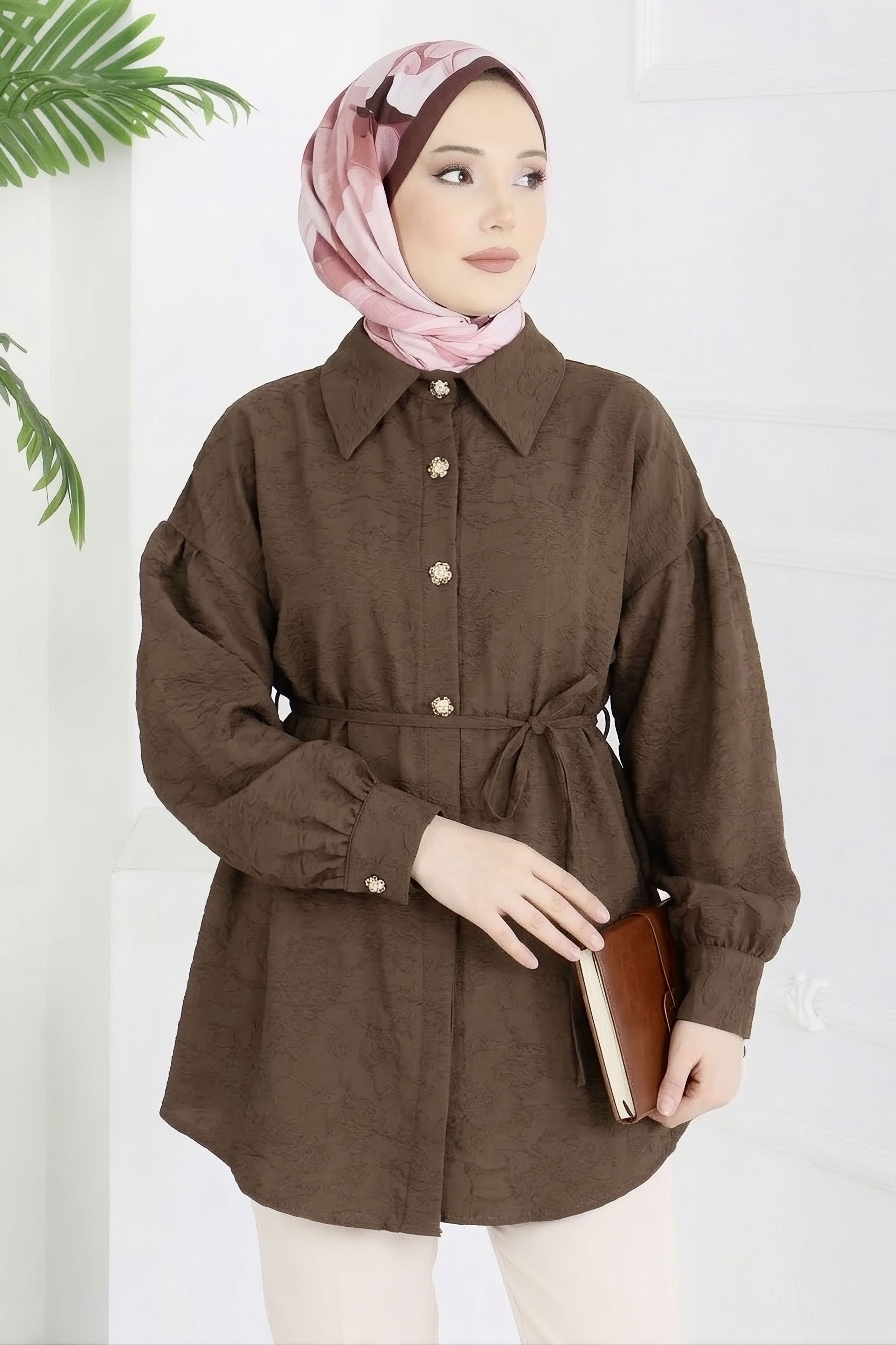 Kabartma Detaylı Düğmeli Tunikq - 28206-KAHVE - 2