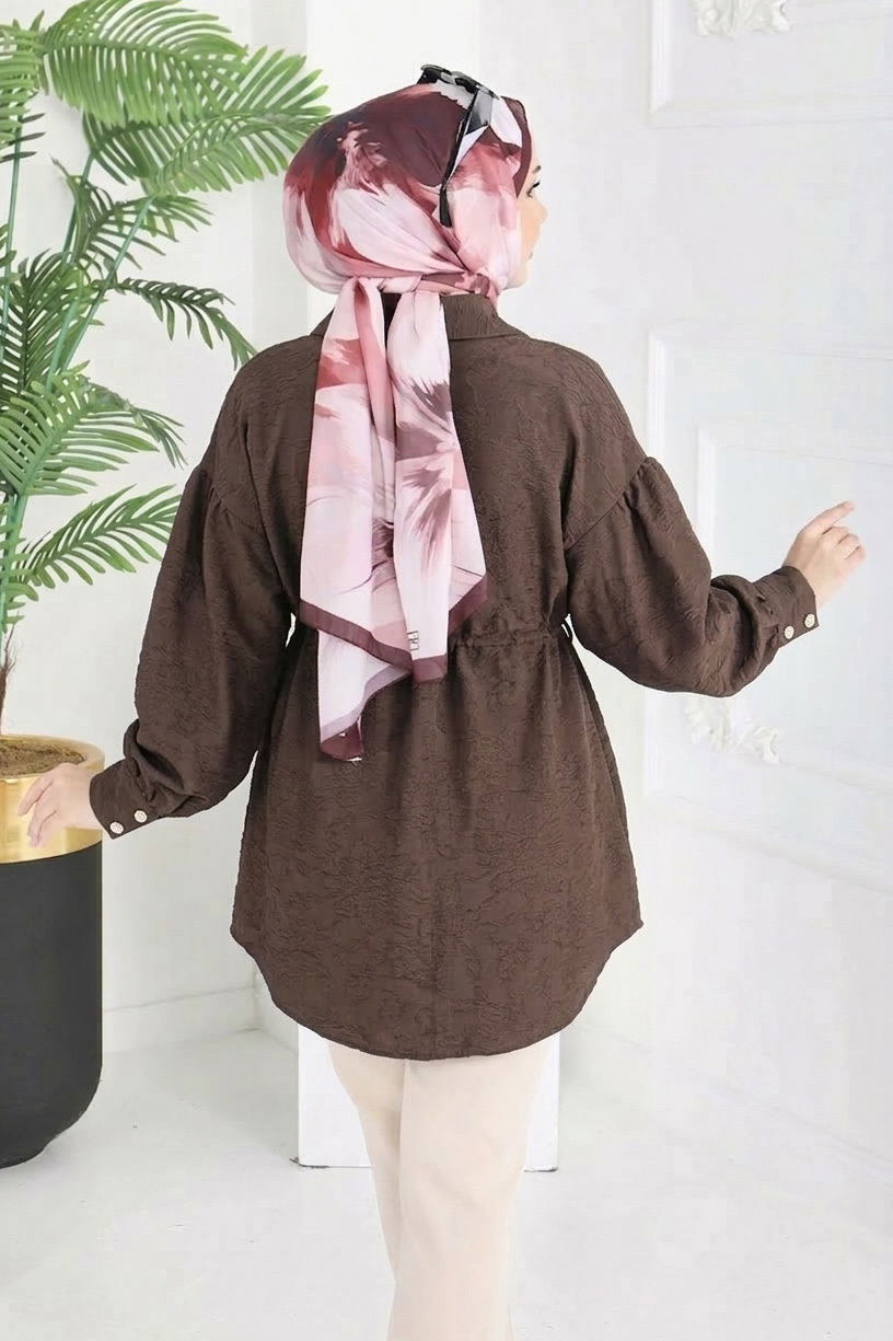 Kabartma Detaylı Düğmeli Tunikq - 28206-KAHVE - 3