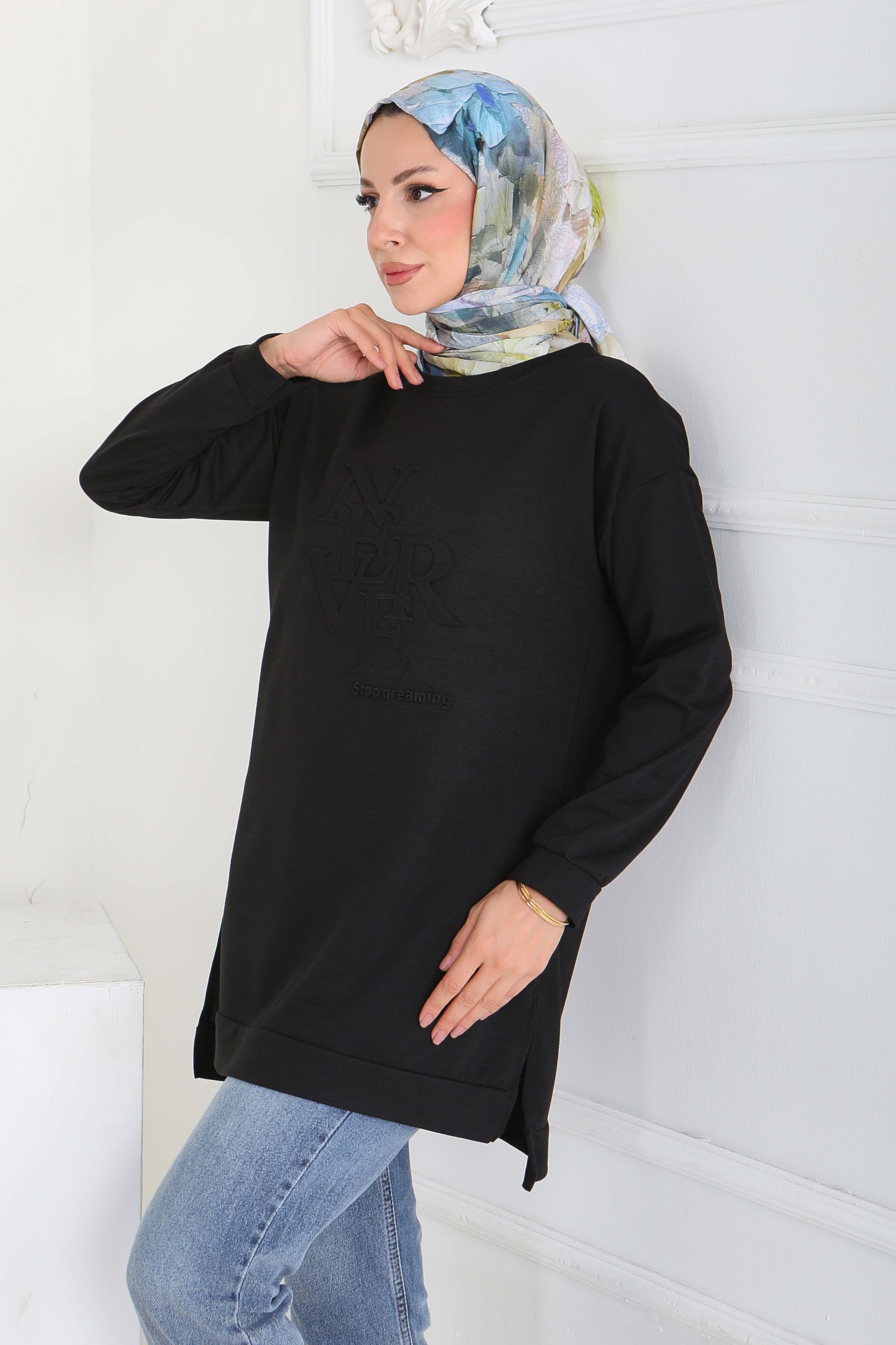Kabartma Detaylı Modal Tunik - 27919-SIYAH - 1
