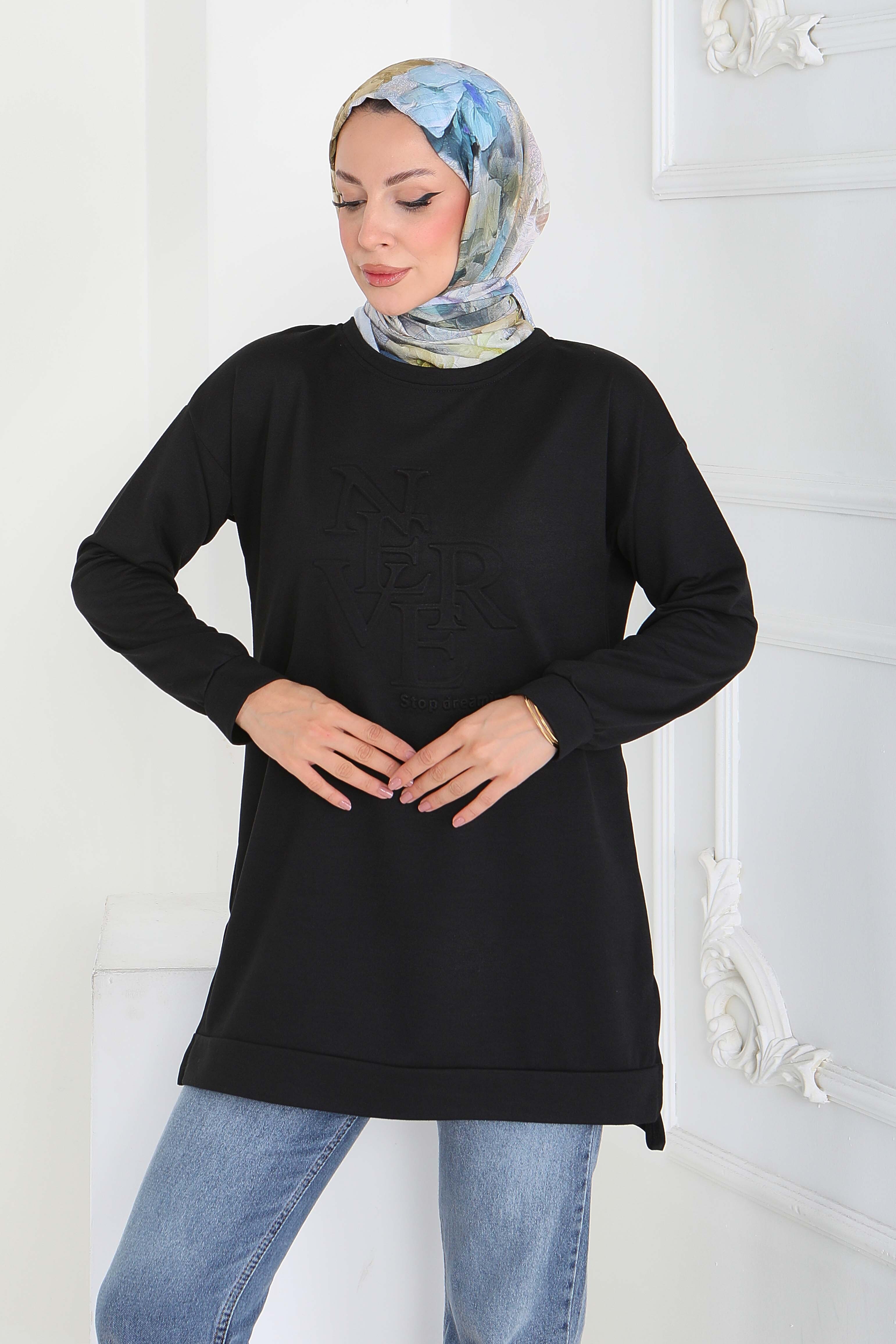 Kabartma Detaylı Modal Tunik - 27919-SIYAH - 2