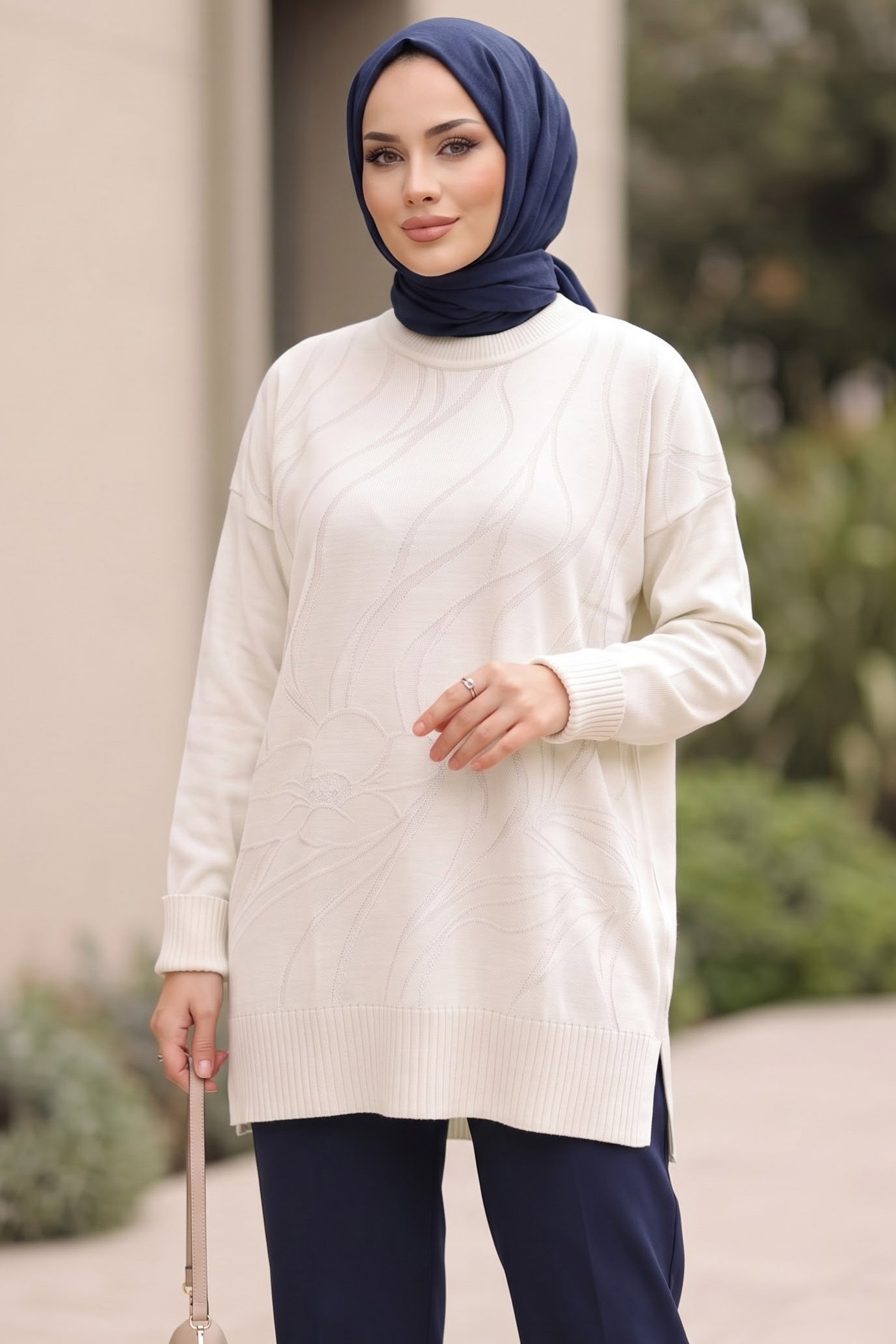 Kabartma Detaylı Triko Tunik Ekru - 29283-EKRU - 1