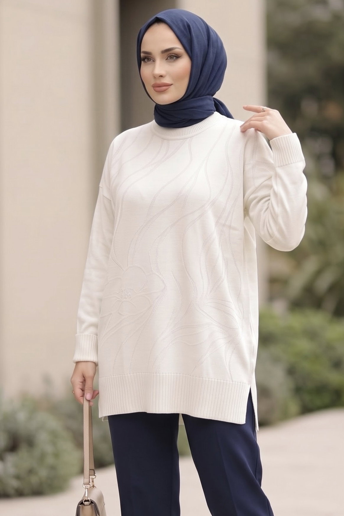 Kabartma Detaylı Triko Tunik Ekru - 29283-EKRU - 2