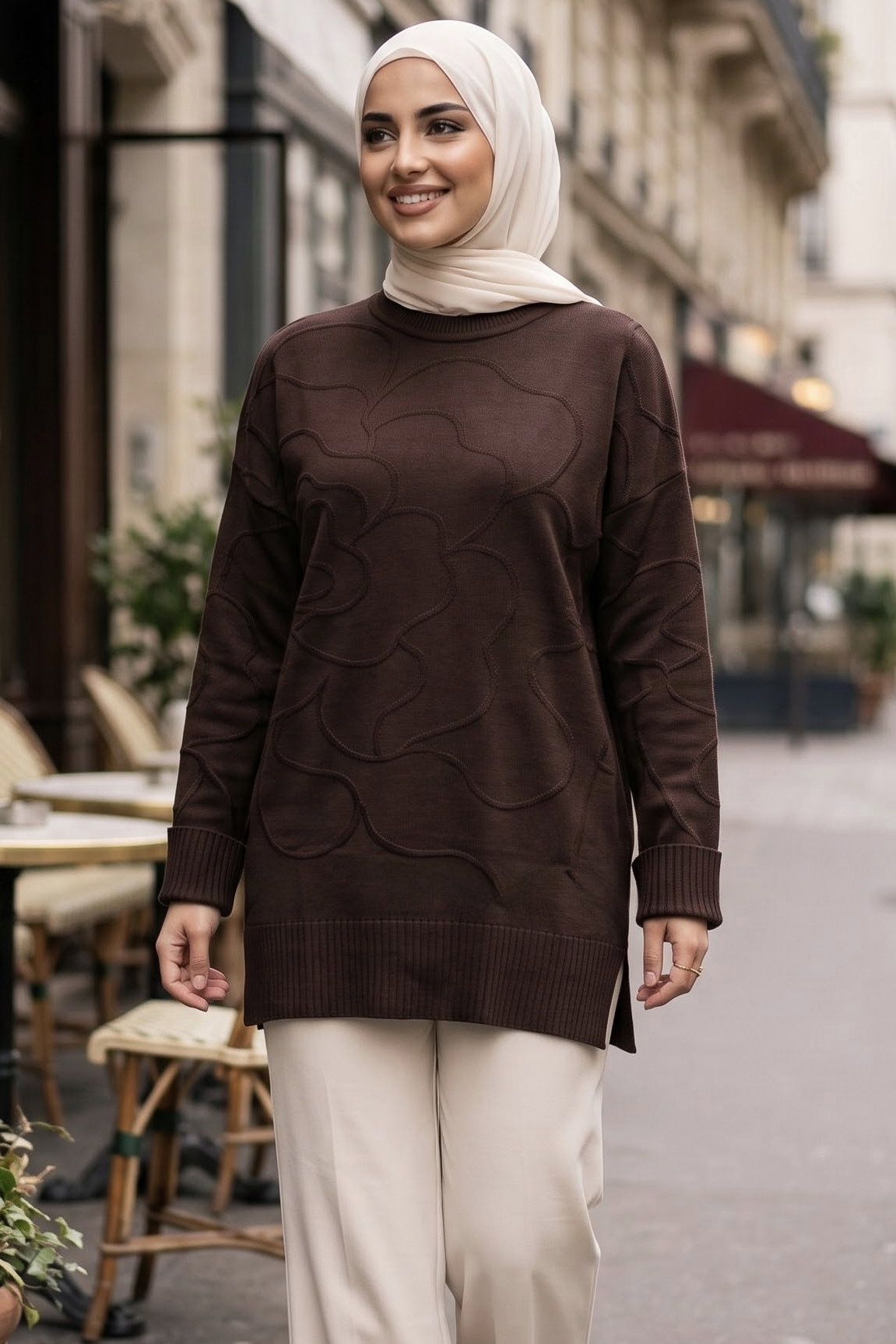 Kabartma Detaylı Triko Tunik Kahve - 29282-KAHVE - 1