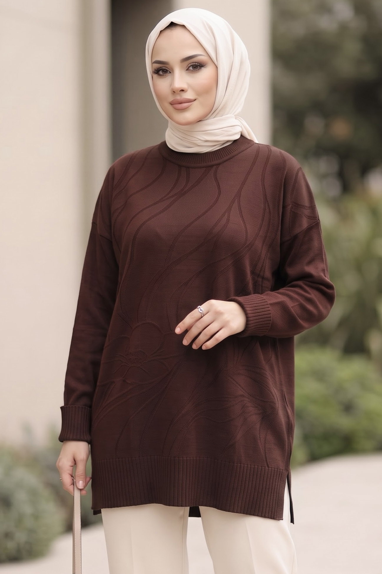 Kabartma Detaylı Triko Tunik Kahve - 29283-KAHVE - 1