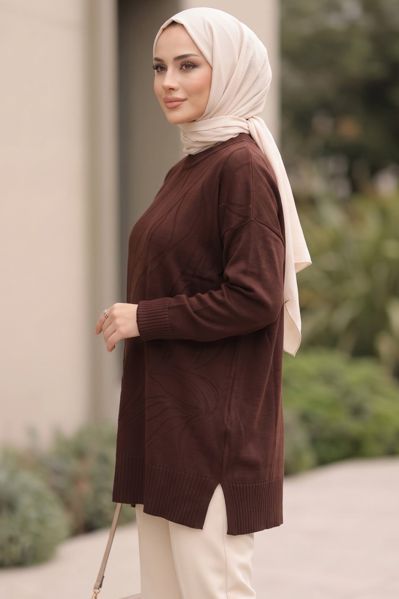 Kabartma Detaylı Triko Tunik Kahve - 29283-KAHVE - 2