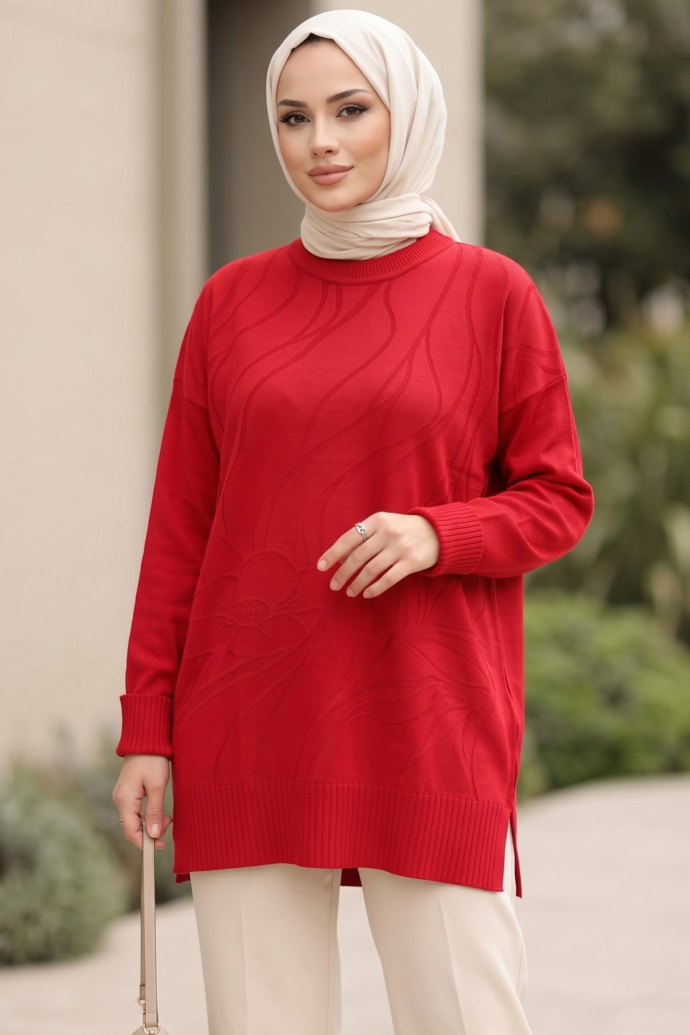 Kabartma Detaylı Triko Tunik Kirmizi - 29283-KIRMIZI - 2