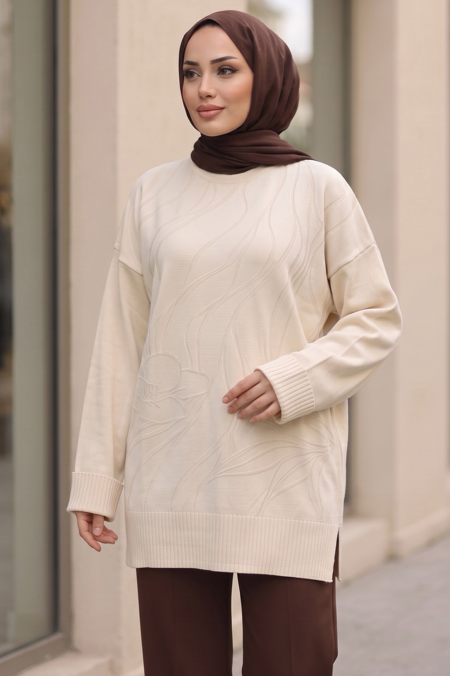 Kabartma Detaylı Triko Tunik Krem - 29283-KREM - 1